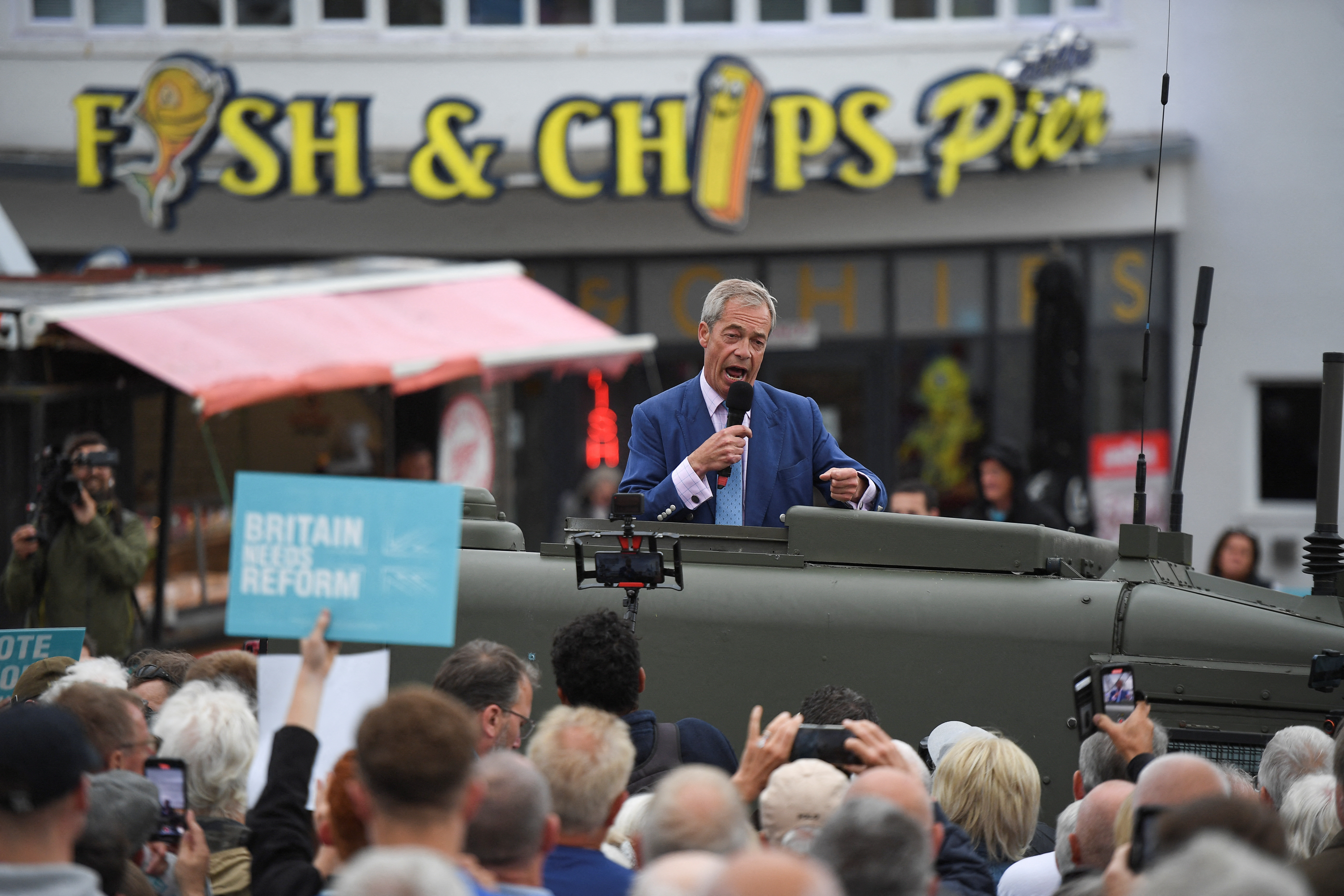 Farage addresses local voters at Clacton Pier during a previous campaign visit