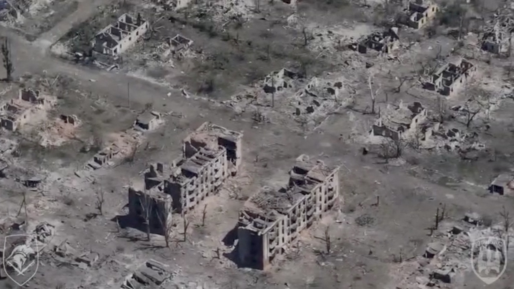 Drone view shows destroyed buildings in the frontline town of Chasiv Yar in Donetsk region, Ukraine, in this screengrab obtained from social media video released on July 4, 2024. Special Purpose Battalion "Donbas" of the 18th Slavic Brigade of the NGU/via REUTERS THIS IMAGE HAS BEEN SUPPLIED BY A THIRD PARTY. MANDATORY CREDIT. NO RESALES. NO ARCHIVES. WATERMARK FROM SOURCE. BEST QUALITY AVAILABLE.