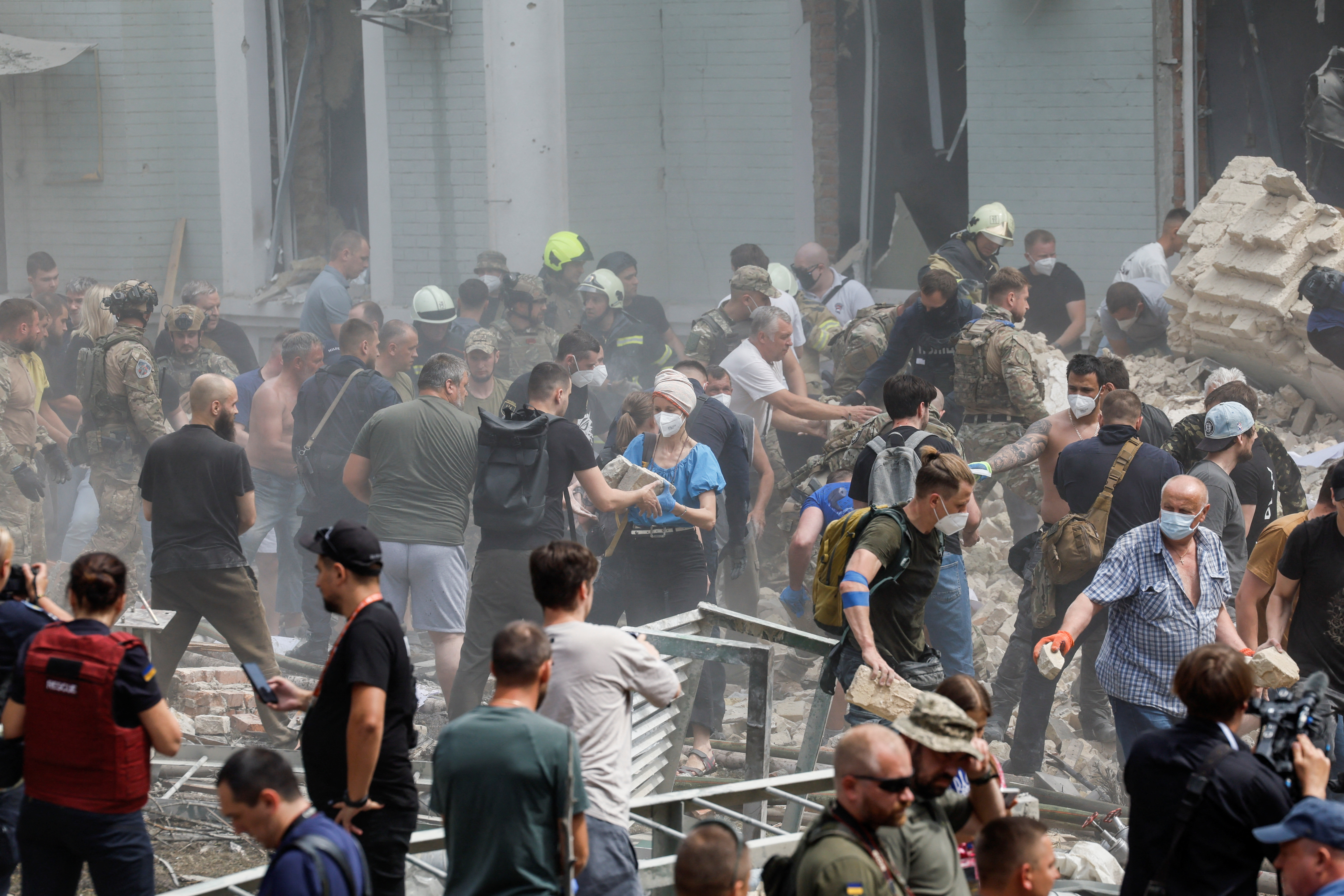 Rescuers work at Ohmatdyt Children's Hospital that was damaged during a Russian missile strikes, amid Russia's attack on Ukraine, in Kyiv, Ukraine July 8, 2024. REUTERS/Gleb Garanich