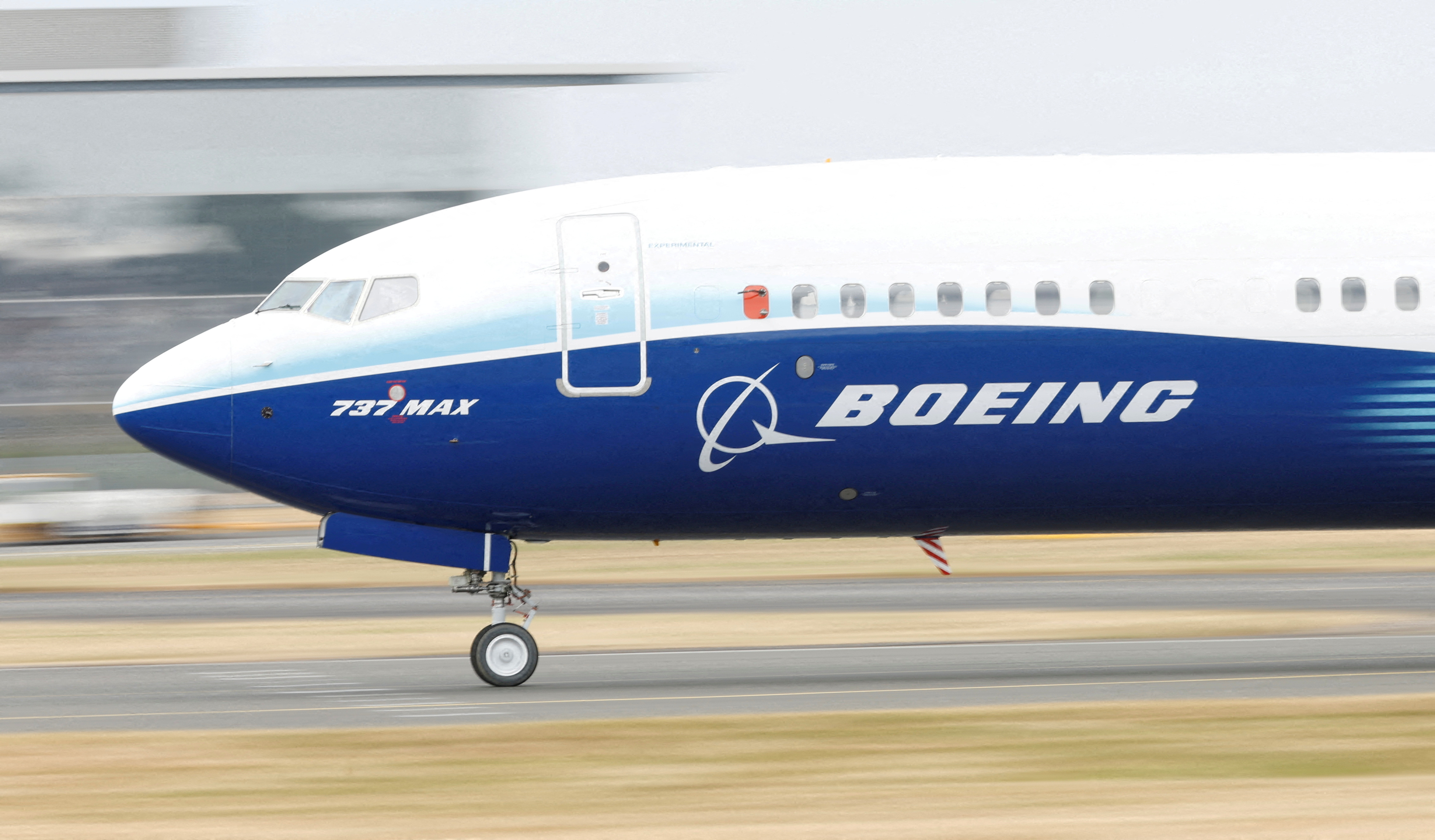 A Boeing 737 Max aircraft during a display at the Farnborough International Airshow, in Farnborough, Britain