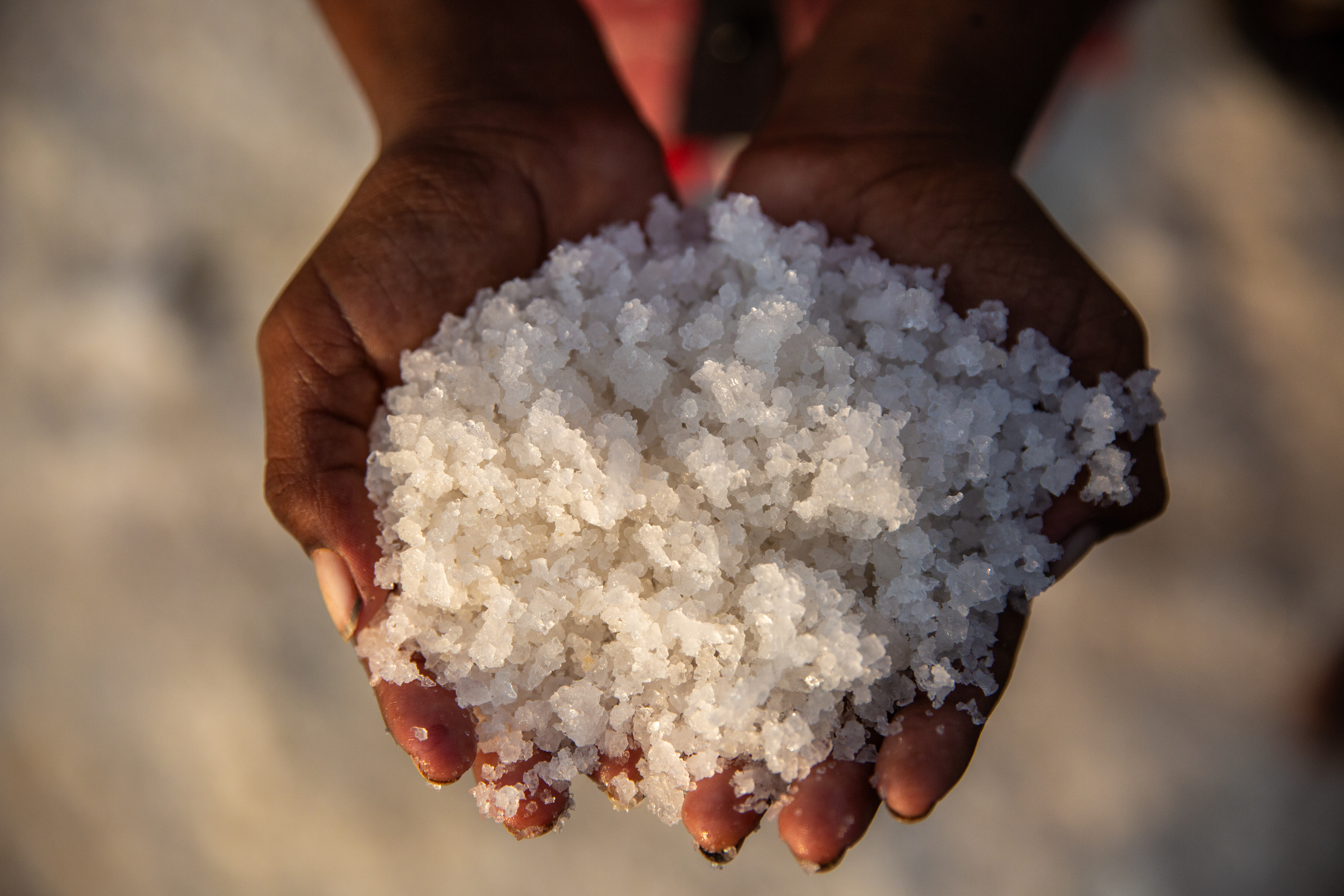 Two hands hold out a pile of salt.