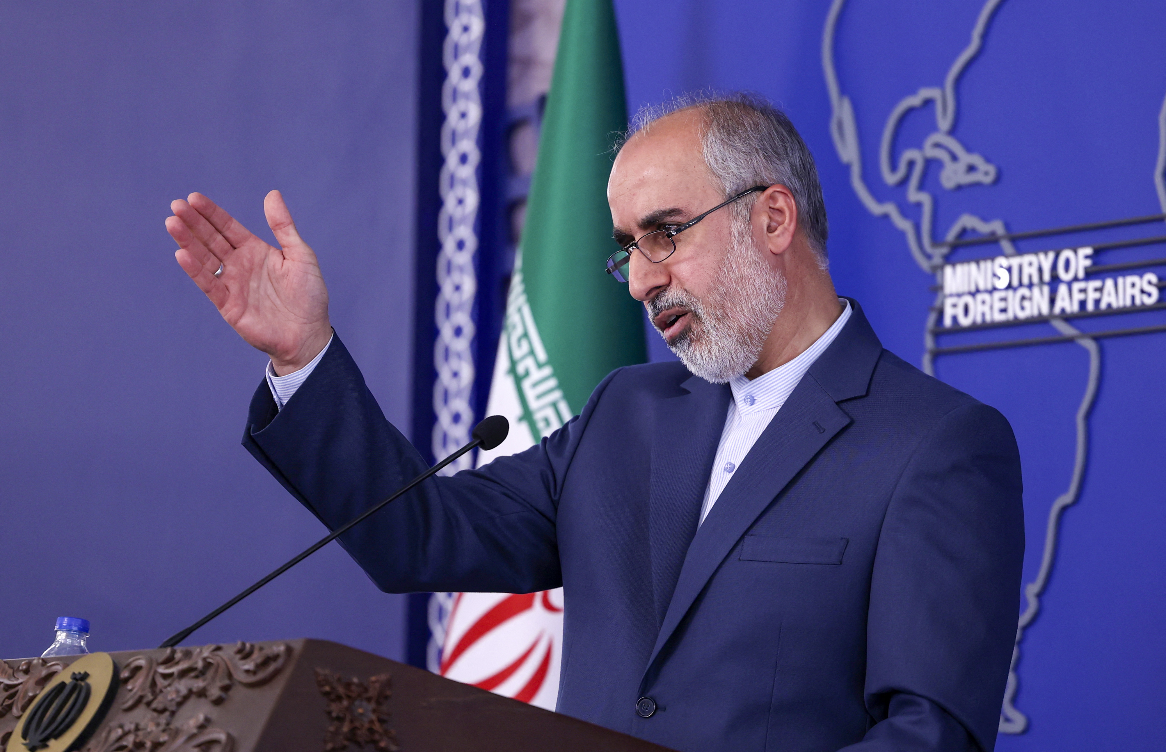 Iran's Foreign Ministry spokesman Nasser Kanani speaks during a press conference in the capital Tehran on October 3, 2022. (Photo by ATTA KENARE / AFP)