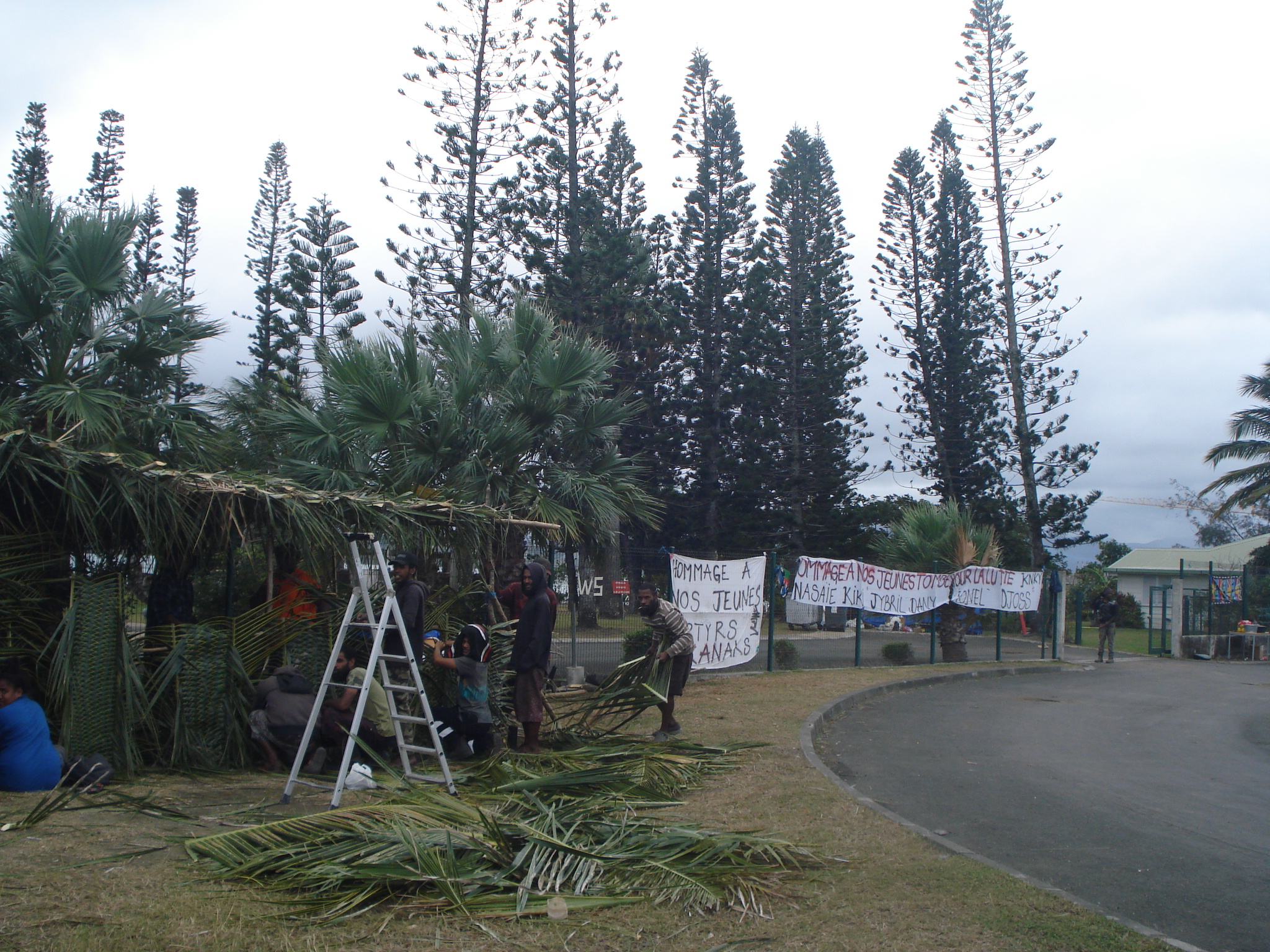 An encampment by the road side in Noumea. There are palm fronts on the roof and some people are weaving walls from the fronds There are signs in French behind them in honour of the young kanaks killed in May's violence.