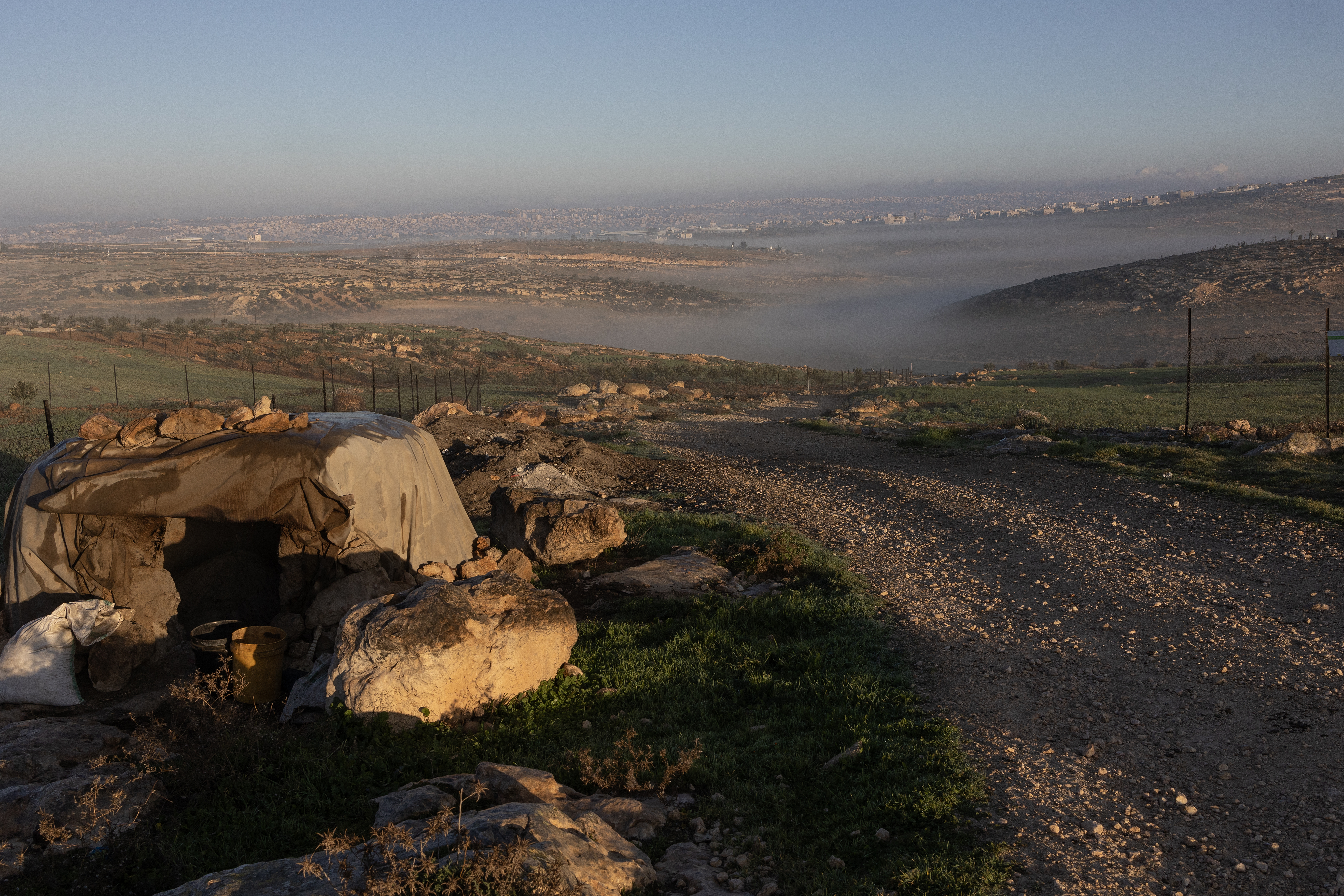 SOUTH HEBRON HILLS, WEST BANK - JANUARY 05: Landscape views of Palestinian land threatened by nearby Israeli settlements, January 5, 2024, in the South Hebron Hills of the West Bank. (Photo by Andrew Lichtenstein/Corbis via Getty Images)