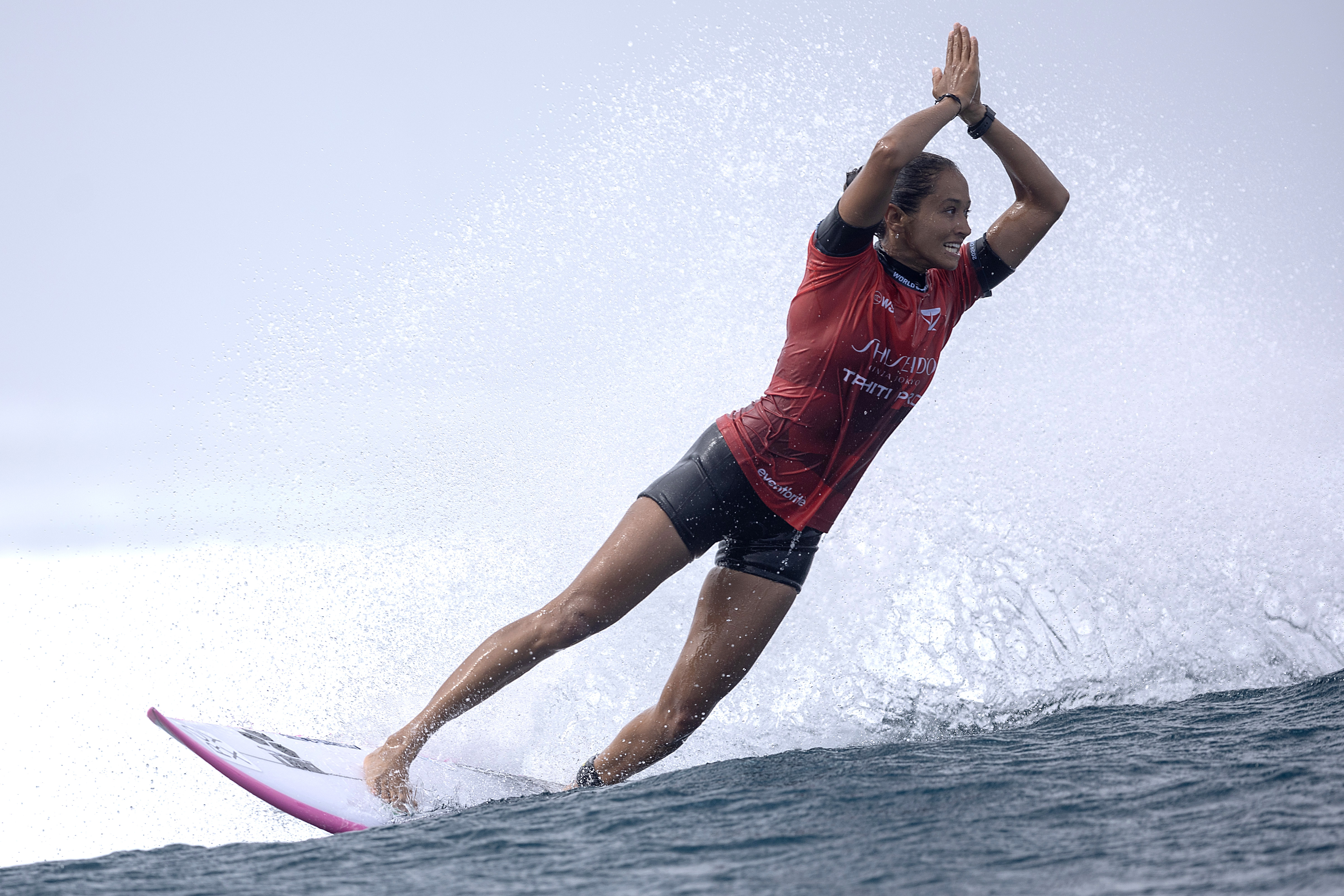 TEAHUPO'O, FRENCH POLYNESIA - MAY 29: Vahine Fierro of France reacts after a wave during the Women's Final of the SHISEIDO Tahiti Pro on May 29, 2024 in Teahupo'o, French Polynesia. (Photo by Sean M. Haffey/Getty Images)