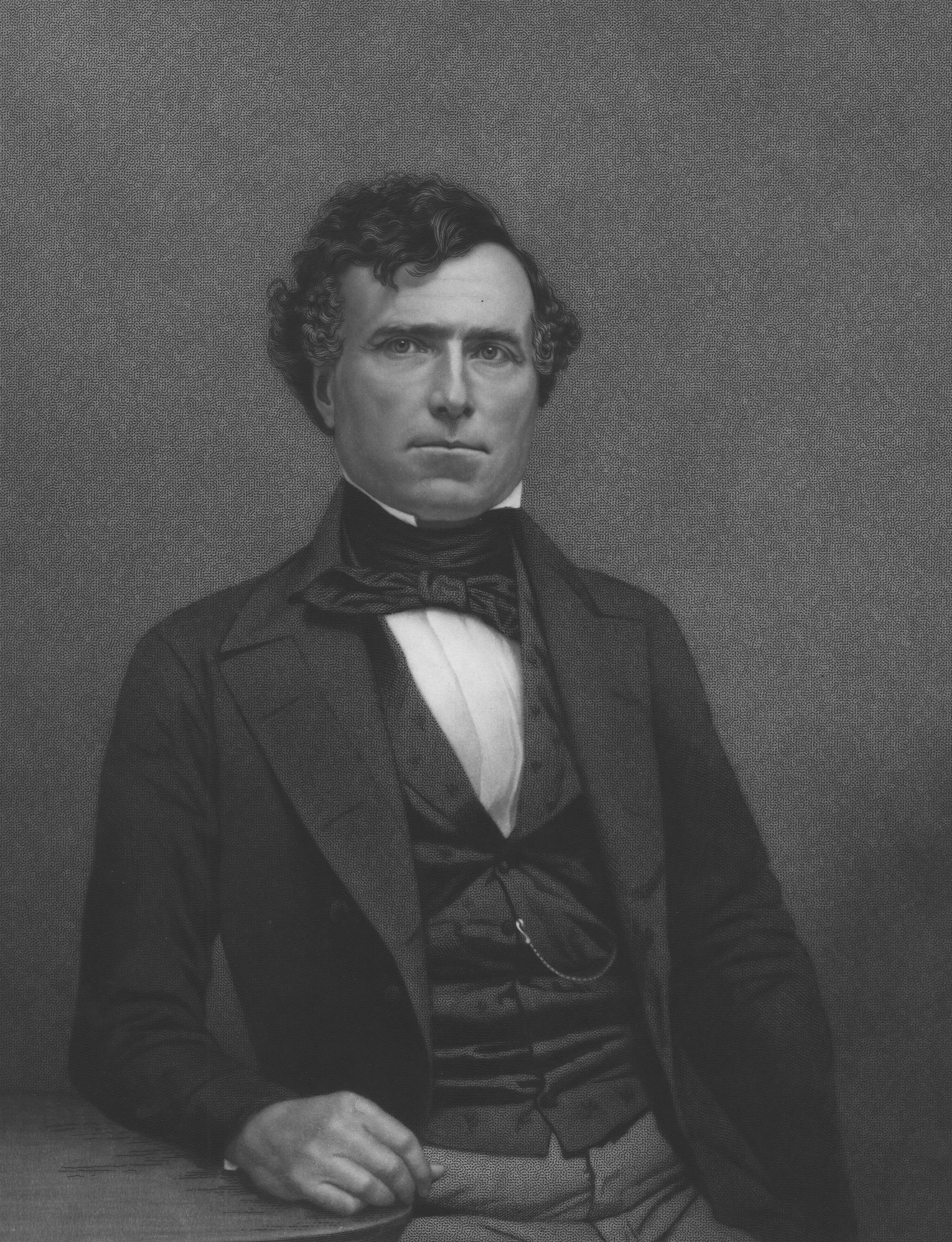 Engraved portrait of Franklin Pierce, 14th President of the United States whose actions exacerbated the conditions that lead to the American Civil War, 1834. From the New York Public Library.