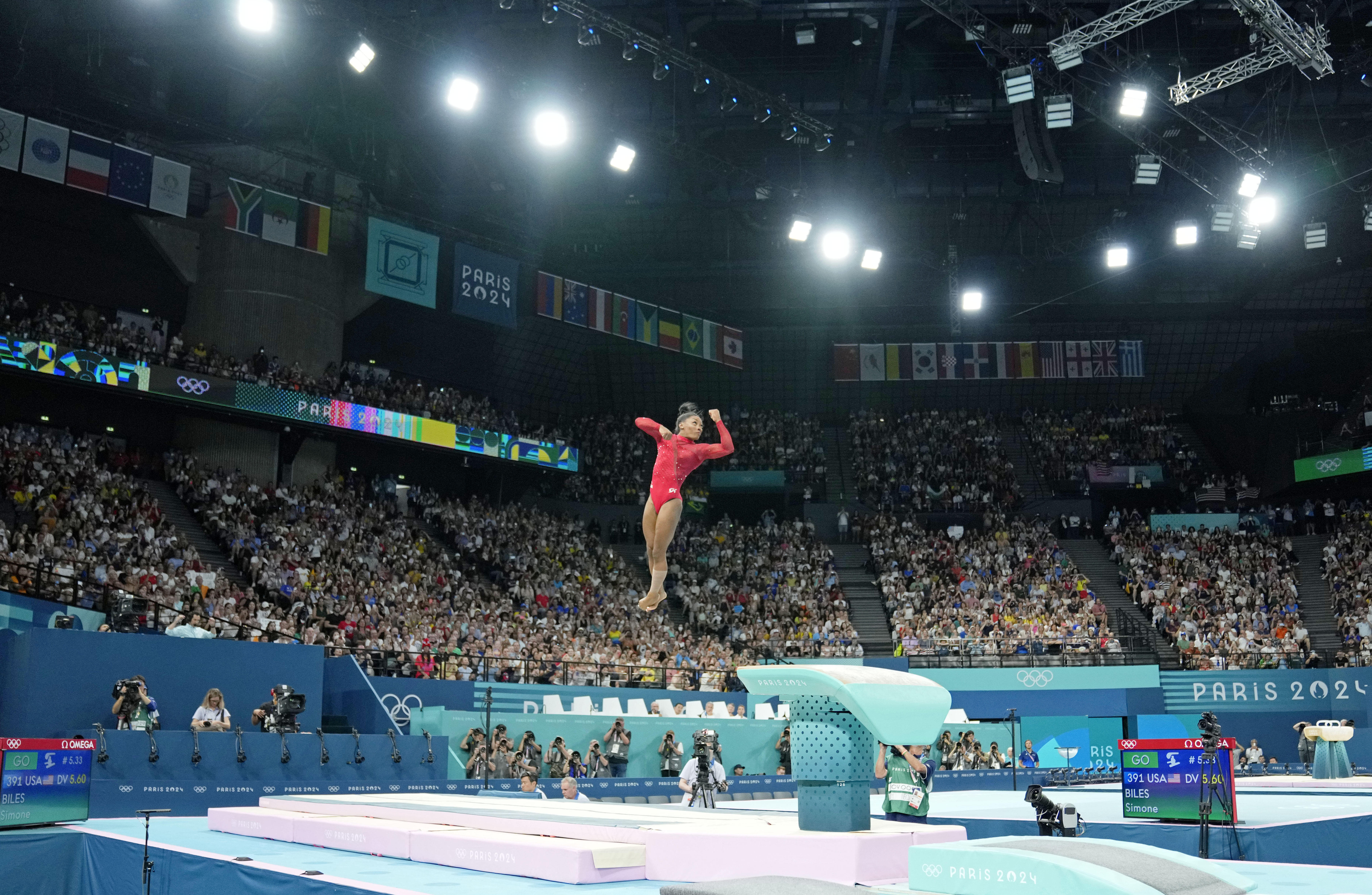 Aug 3, 2024; Paris, France; Simone Biles of the United States competes on the vault on the first day of gymnastics event finals during the Paris 2024 Olympic Summer Games at Bercy Arena. Mandatory Credit: Kyle Terada-USA TODAY Sports