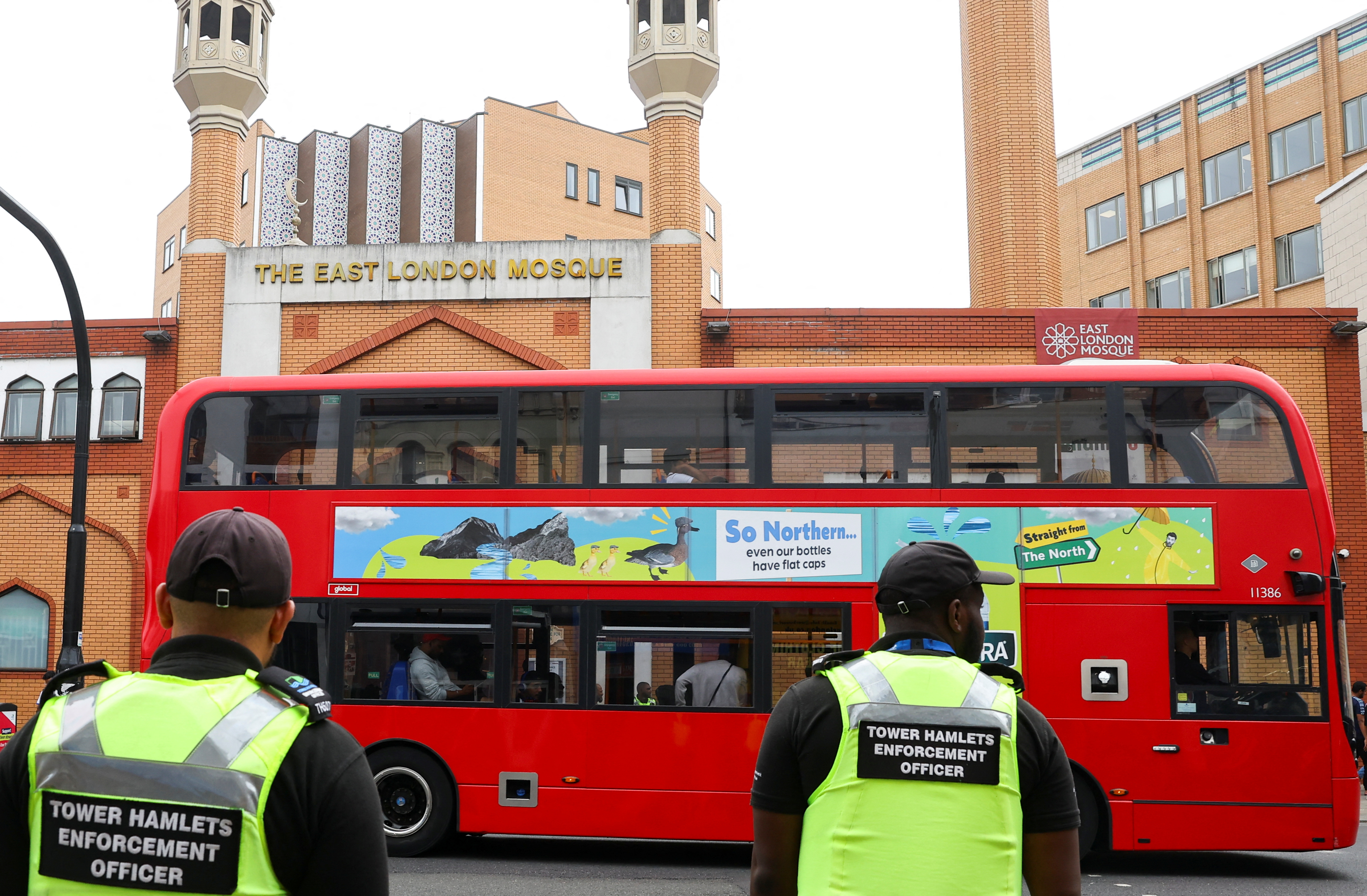 Local government council security officers patrol near the East London Mosque, following a weekend of violent protests across regions of England, in London, Britain August 5, 2024. REUTERS/Toby Melville