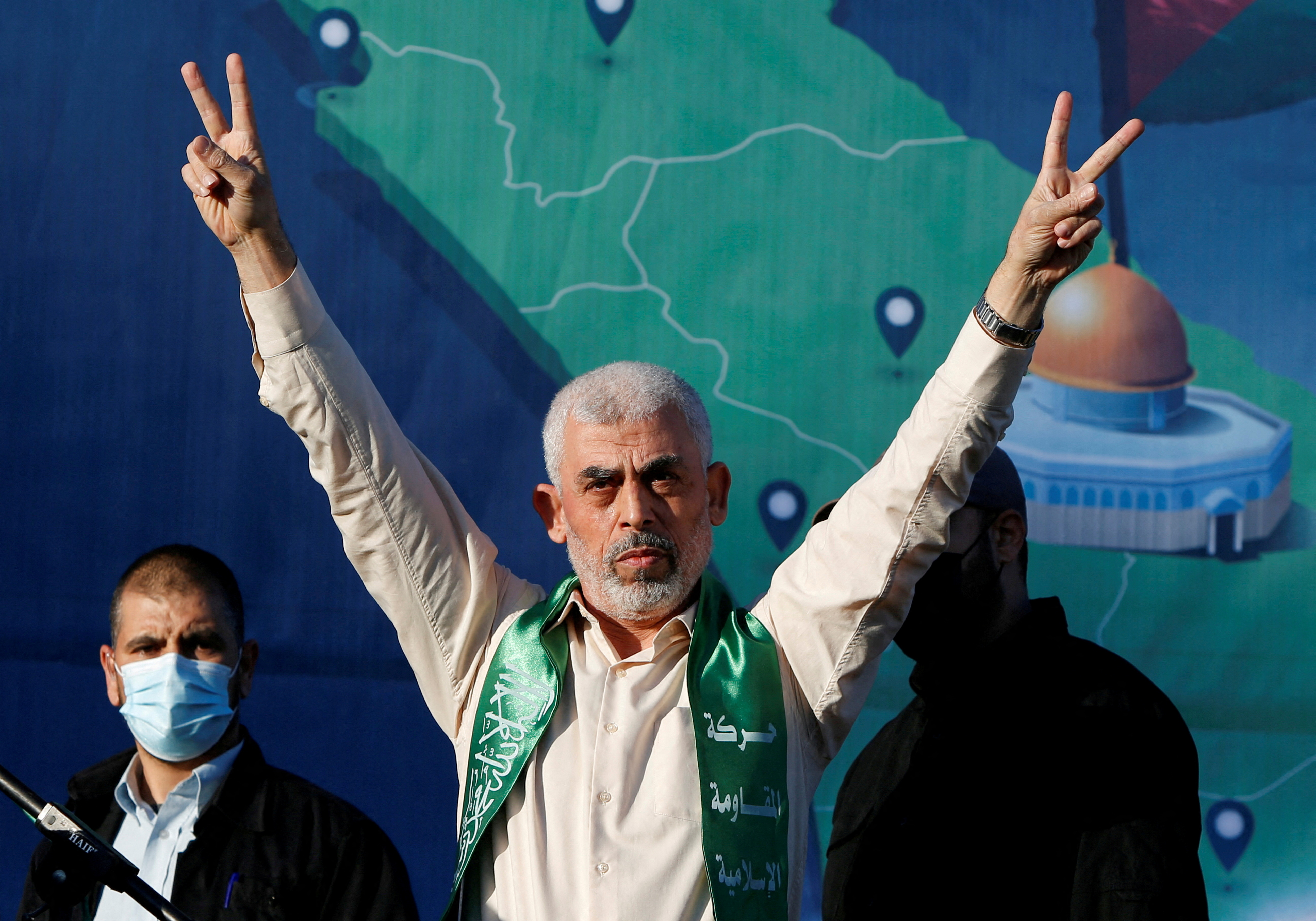 Hamas Gaza Chief Yehya Al-Sinwar gestures during an anti-Israel rally in Gaza City