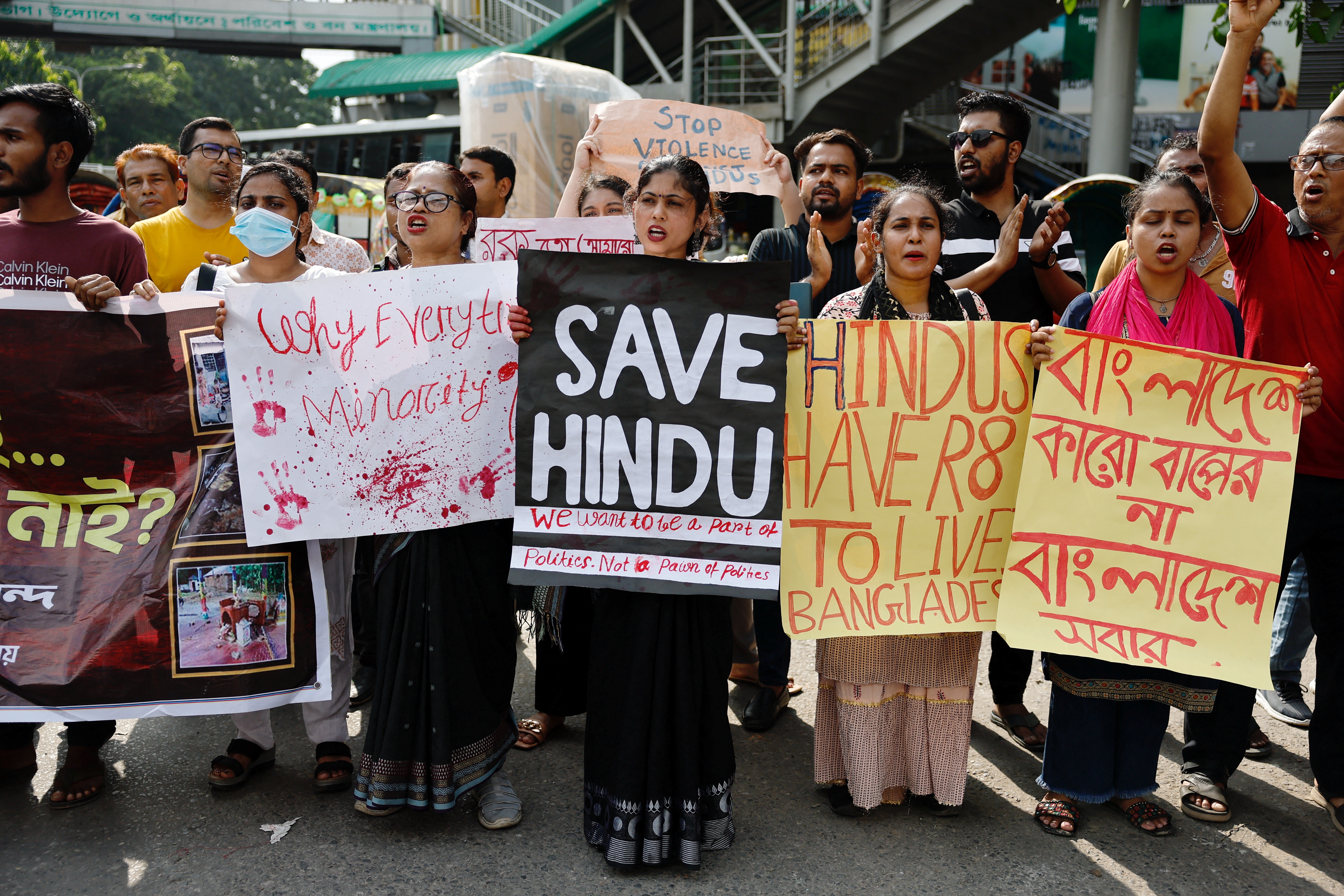 Hindus block the streets of the Shahbagh intersection as they protest against violence on their community in Dhaka, Bangladesh, August 10, 2024. REUTERS/Mohammad Ponir Hossain