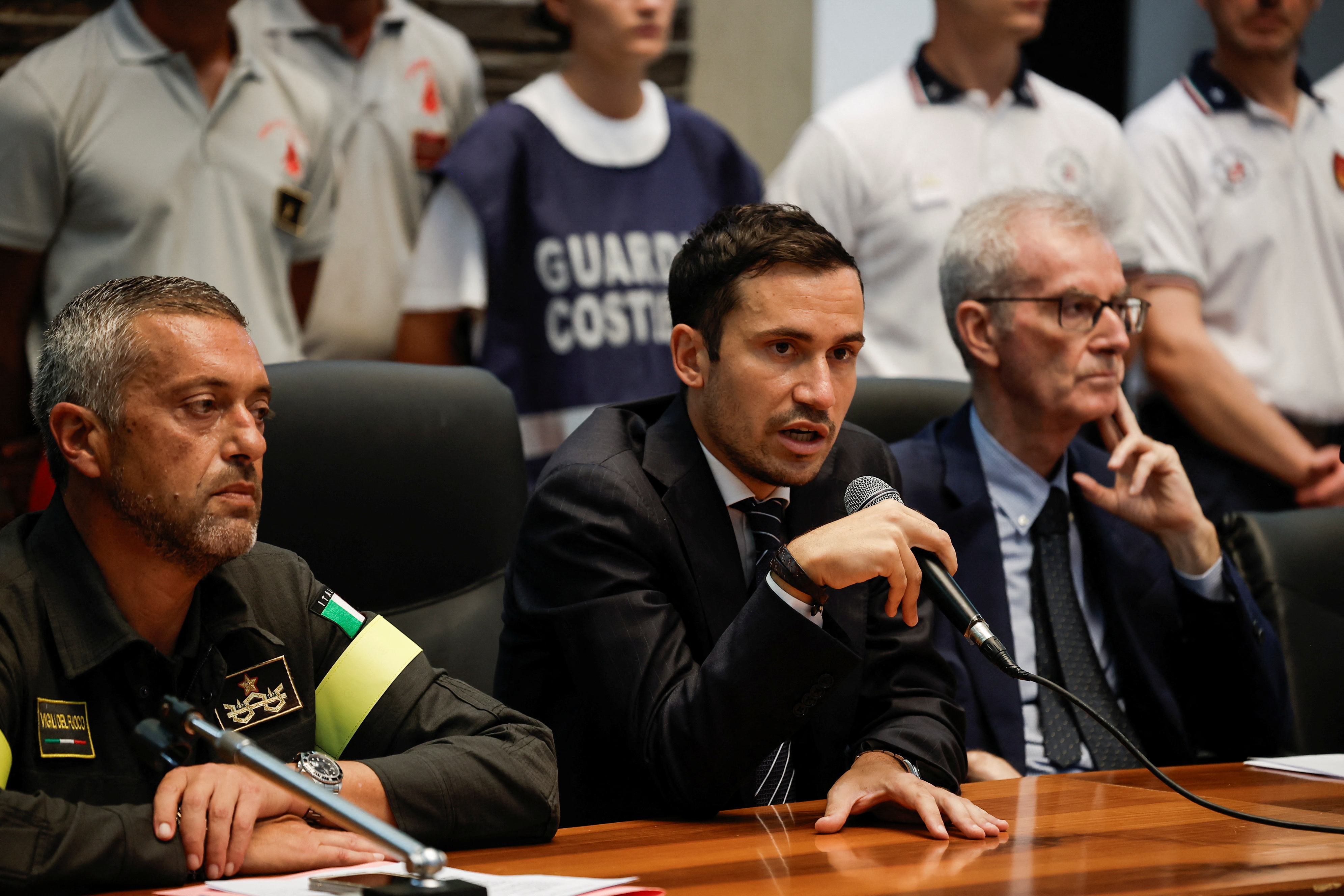 Public prosecutor, inlcuding chief Ambrogio Cartosio, attend a press conference to share details about the investigation regarding the luxury yacht that sank during a violent storm, at the court in Termini Imerese,