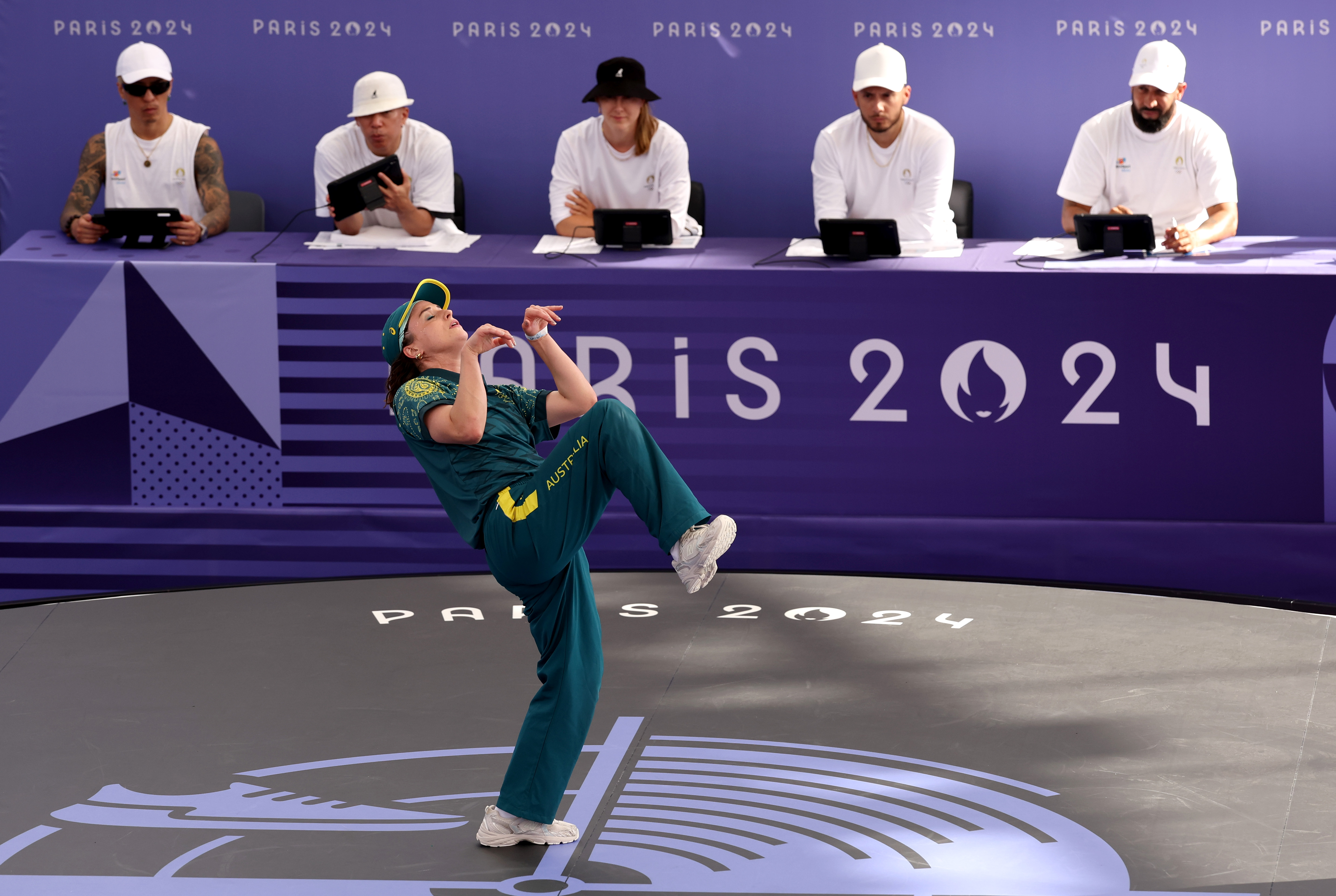 B-Girl Raygun of Team Australia competes during the B-Girls Round Robin – Group B on day 14 of the Olympic Games Paris 2024 at Place de la Concorde, on August 09, 2024