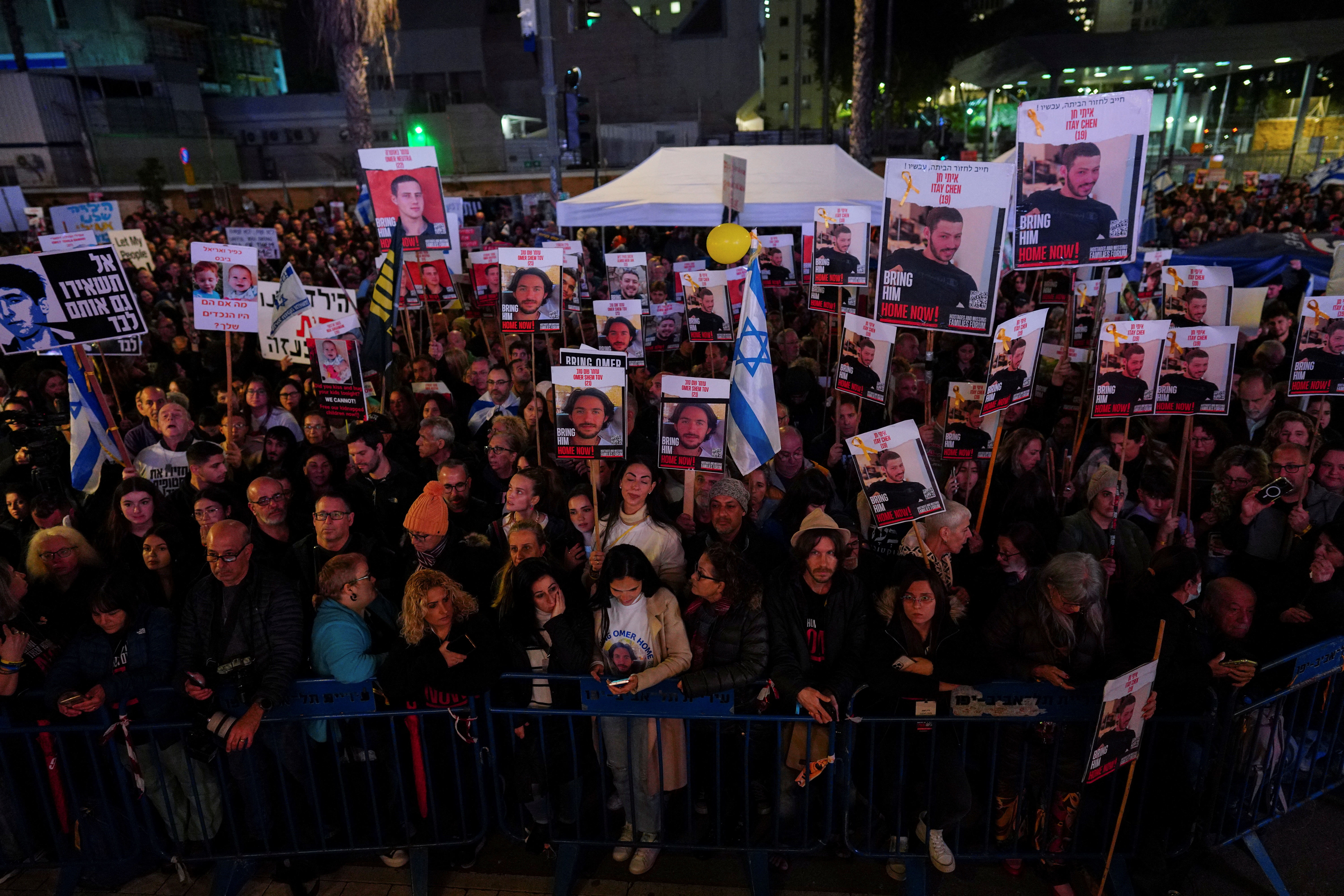 Protest at ‘Hostages Square’ in Tel Aviv marking 100 days since October 7, January 13, 2024 [Alexandre Meneghini/Reuters]