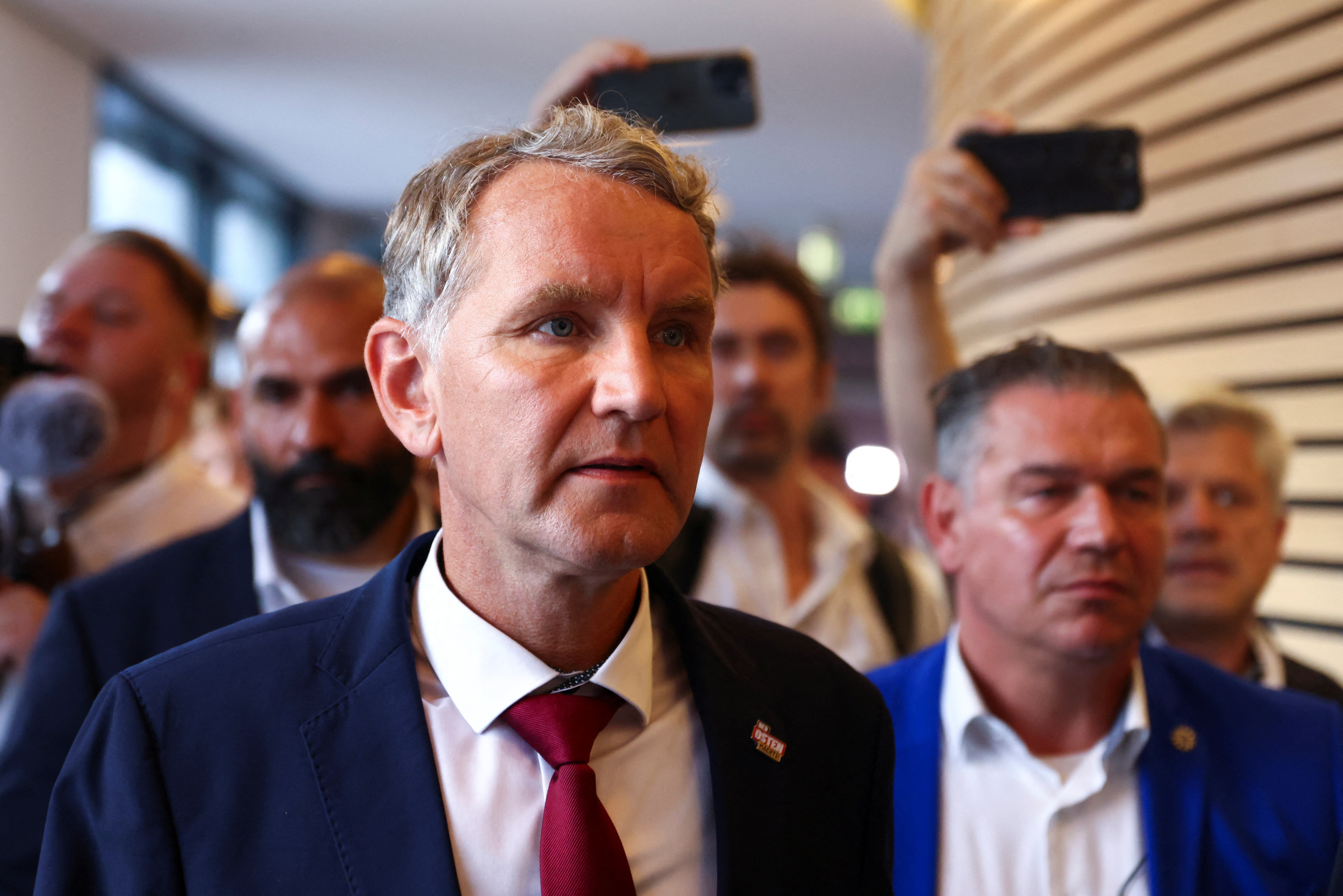 Bjorn Hocke, member of Alternative fur Deutschland (AfD) looks on after first exit polls in the Thuringia state elections, in the state parliament building in Erfurt, Germany, September 1, 2024. REUTERS/Thilo Schmuelgen