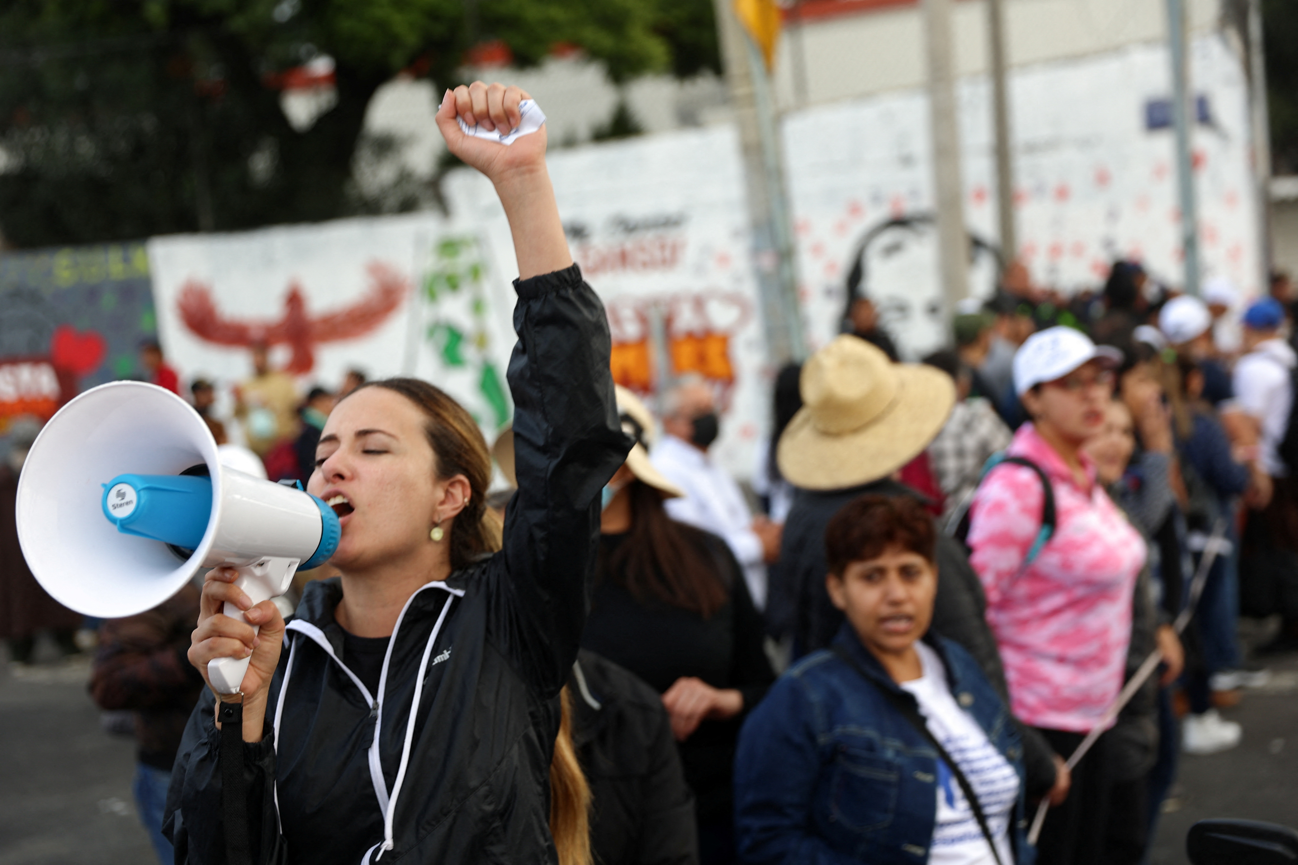 Protester raises a fist