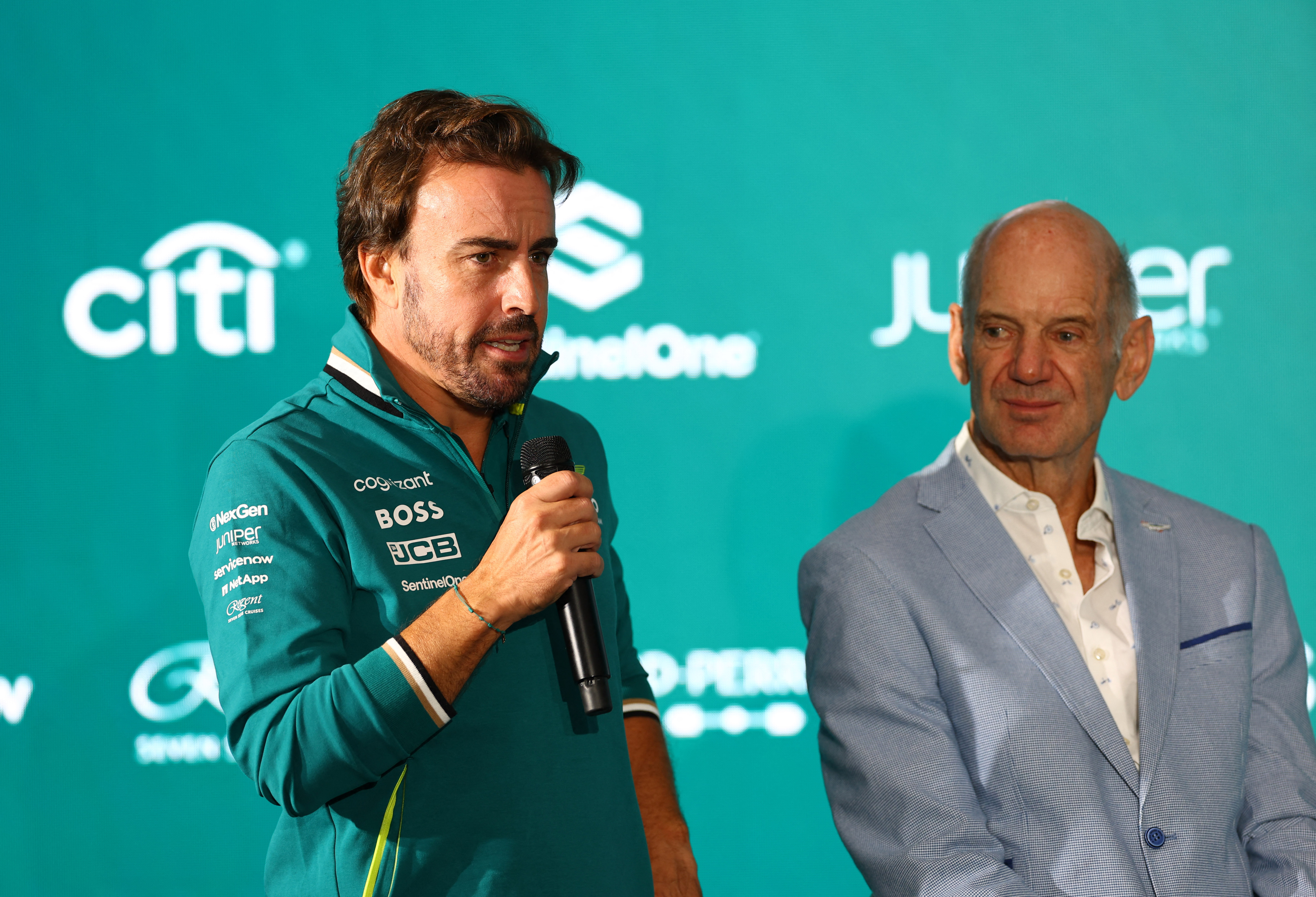 Formula One F1 - Aston Martin Press Conference - AMR Technology Campus, Silverstone, Britain - September 10, 2024 Aston Martin's Fernando Alonso with new managing technical partner Adrian Newey during the press conference Action Images via Reuters/Andrew Boyers