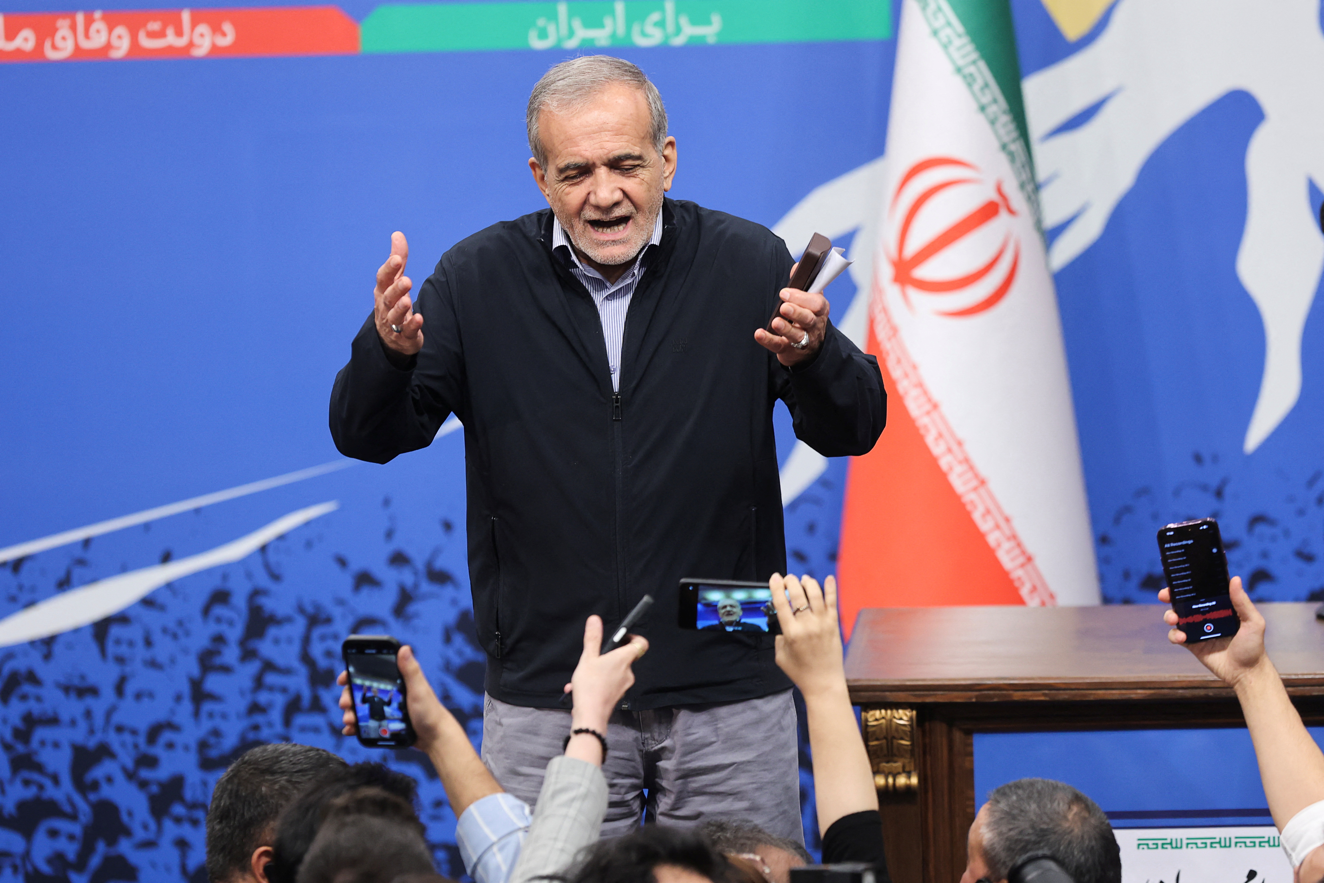 Iran's President Masoud Pezeshkian attends a press conference in Tehran, Iran, September 16, 2024. WANA (West Asia News Agency)/Majid Asgaripour via REUTERS. ATTENTION EDITORS - THIS PICTURE WAS PROVIDED BY A THIRD PARTY