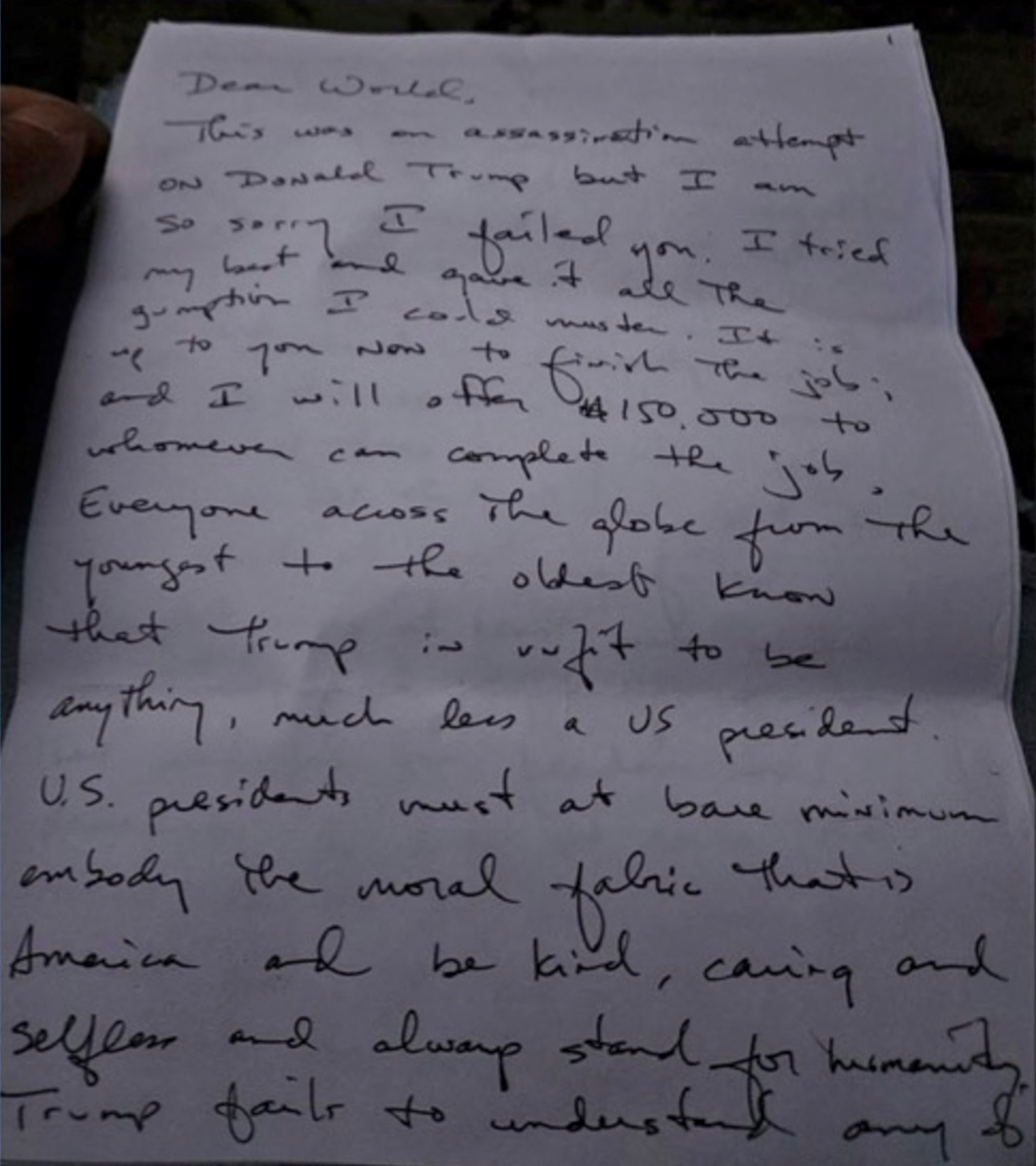 Picture of handwritten letter said to be by Ryan Routh, the man alleged to have carried out an attempted assassination on former U.S. President Donald Trump. [US District Court /Florida/Handout via Reuters]