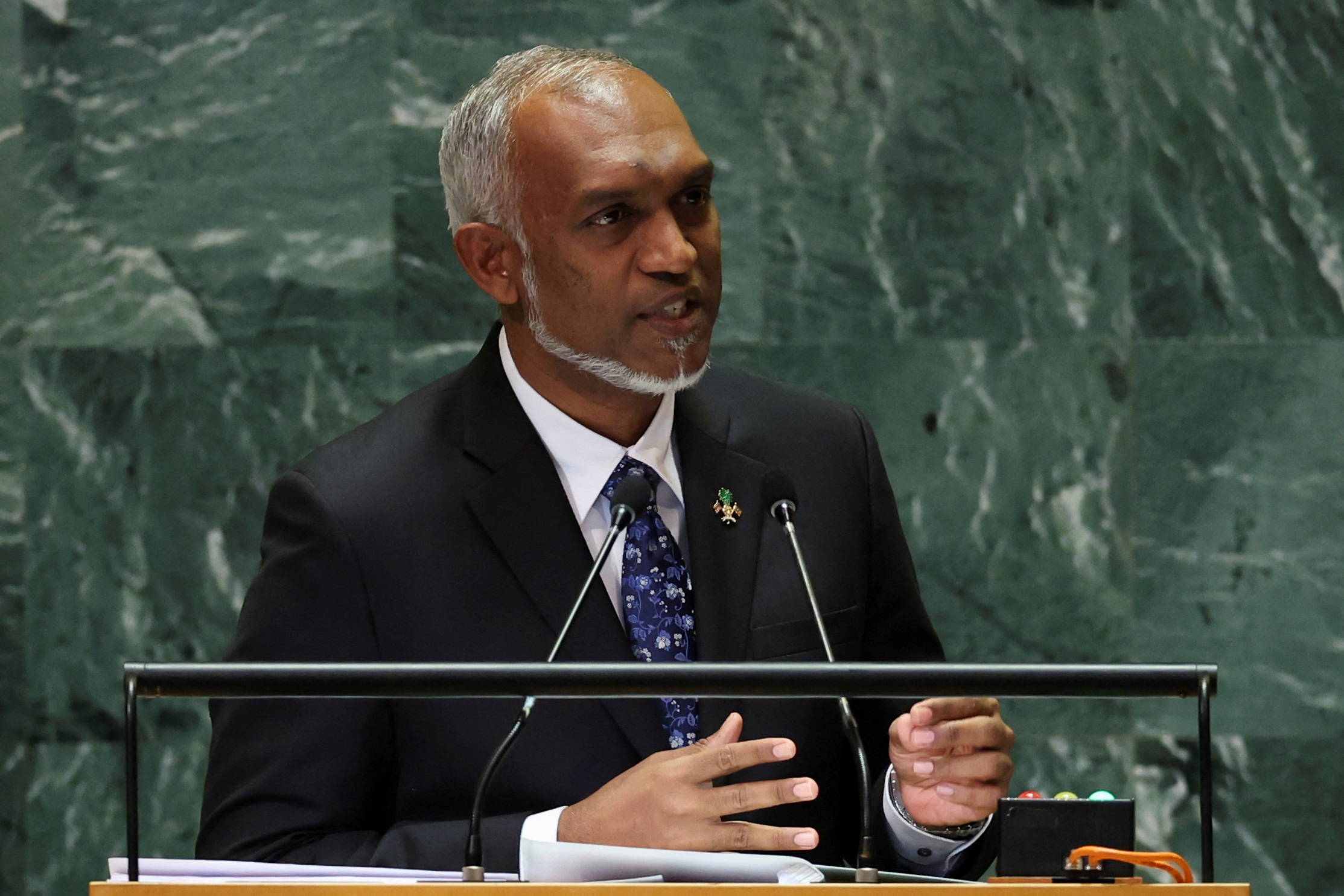 Maldives' President Mohamed Muizzu addresses the 79th United Nations General Assembly at U.N. headquarters in New York