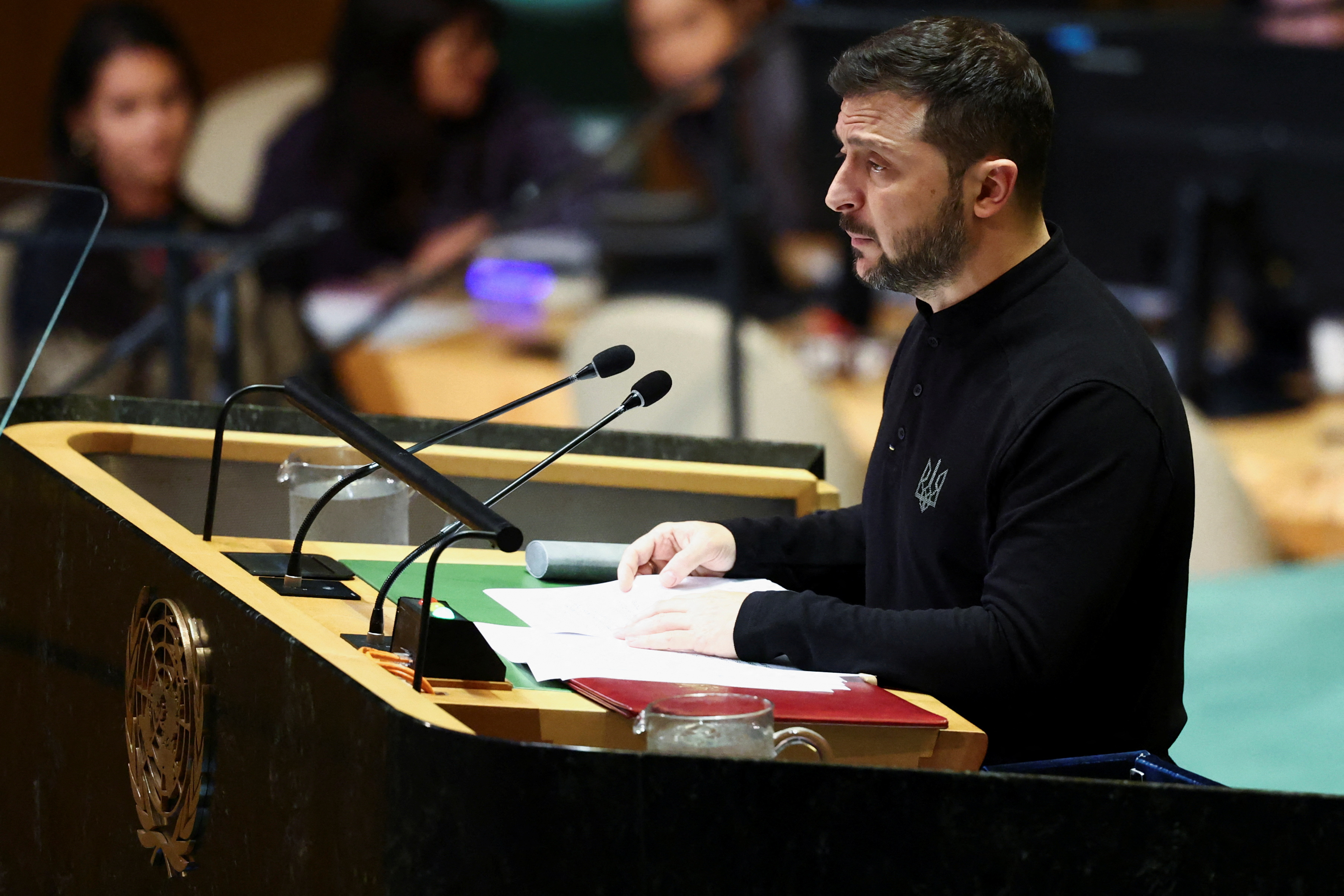 Ukraine's President Volodymyr Zelenskiy addresses the 79th United Nations General Assembly at U.N. headquarters in New York, U.S., September 25, 2024. REUTERS/Brendan McDermid