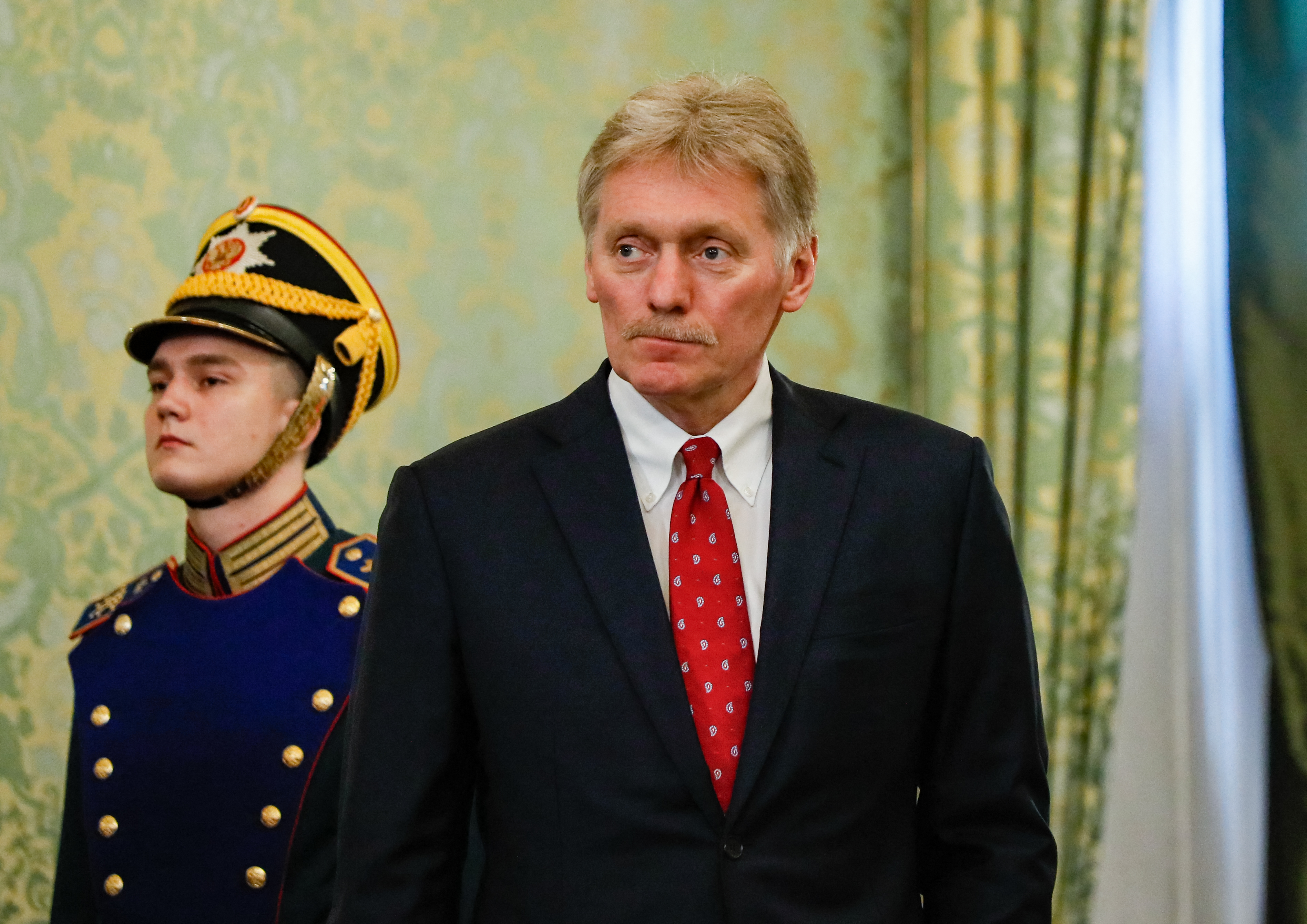 Kremlin spokesman Dmitry Peskov attends a meeting of Russian President and Bahrain's King at the Kremlin in Moscow on May 23, 2024. (Photo by YURI KOCHETKOV / POOL / AFP)
