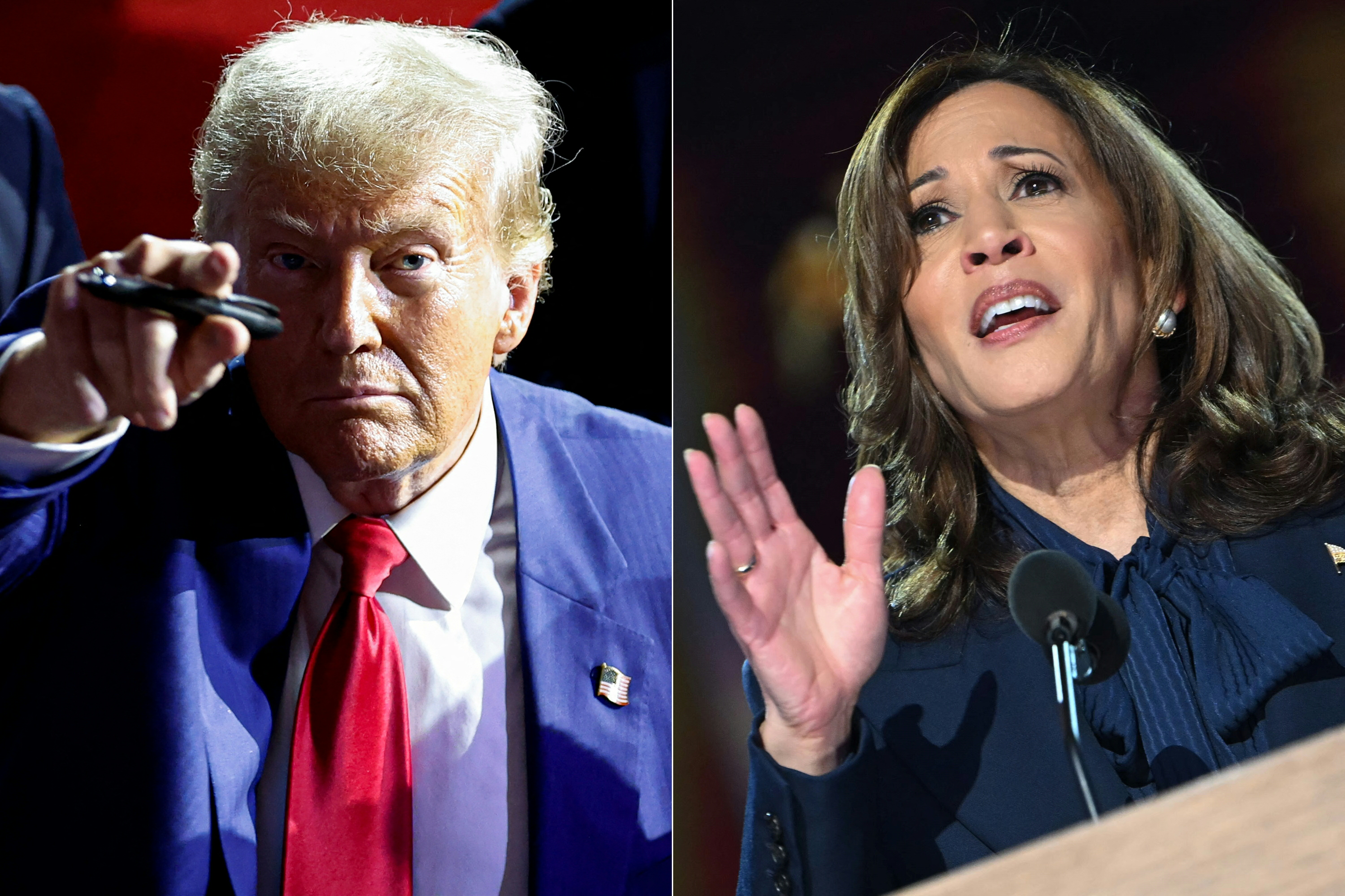 This combination of pictures created on September 09, 2024 shows, L-R, former US President and Republican presidential candidate Donald Trump pointing to the crowd as he leaves after speaking during a town hall meeting in La Crosse, Wisconsin, on August 29, 2024 and US Vice President and 2024 Democratic presidential candidate Kamala Harris speaking on the fourth and last day of the Democratic National Convention (DNC) at the United Center in Chicago, Illinois, on August 22, 2024. - Harris and Trump made their final preparations on Monday, September 9, on the eve of their first -- and possibly only -- televised debate before the knife-edge 2024 US presidential election. With less than two months until election day, the face-off could be a turning point in a bitter contest between the Democratic vice president and Republican former president.