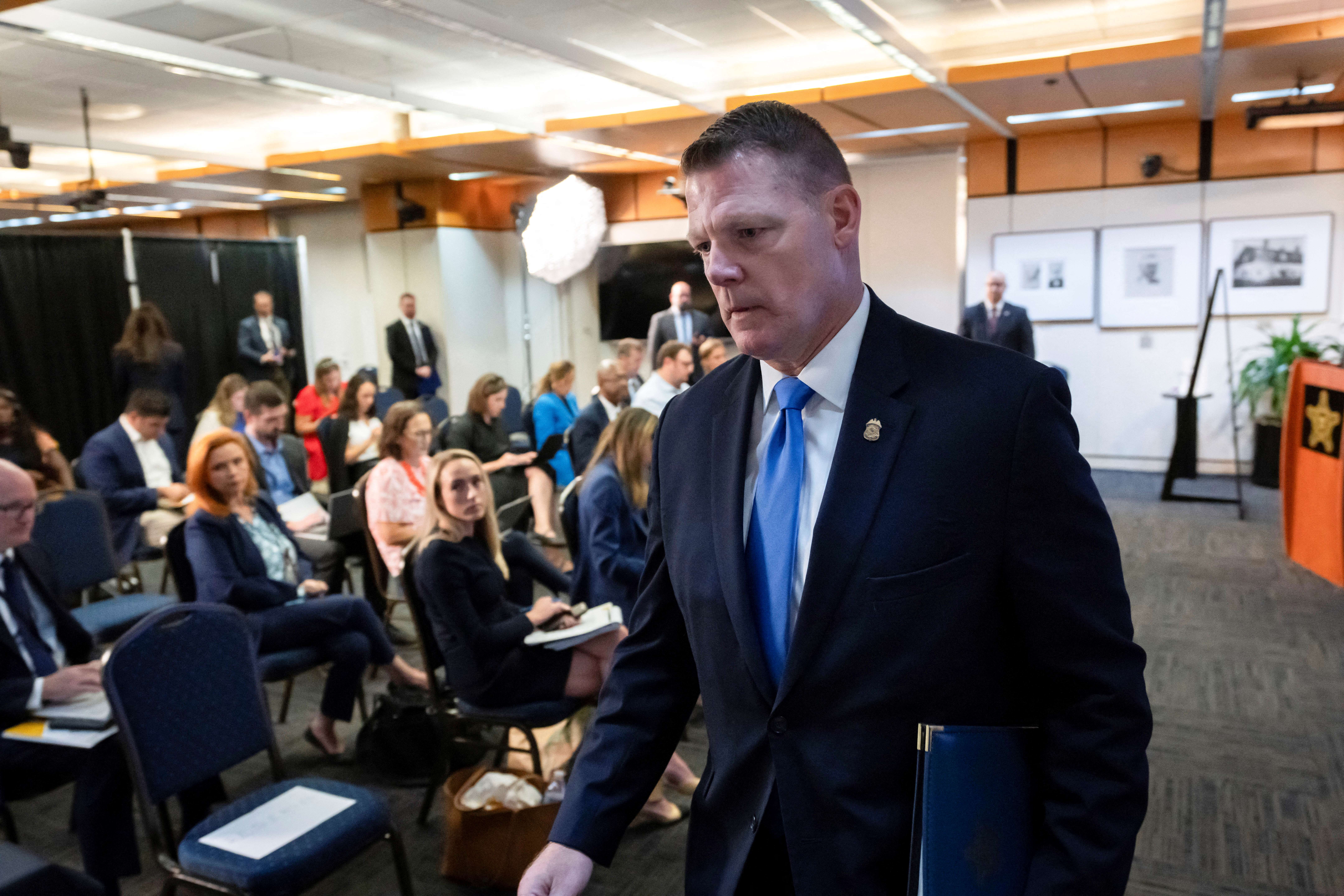 US Secret Service Acting Director Ronald Rowe leaves after holding a press conference in Washington, DC, on September 20, 2024. - The Secret Service on September 20 detailed a litany of security failures uncovered by its review of the attempted assassination of former US President Donald Trump in Butler, Pennsylvania, on July 13, 2024. The review "identified deficiencies in the advanced planning and its implementation by Secret Service personnel," Rowe said. (Photo by Ben Curtis / POOL / AFP)