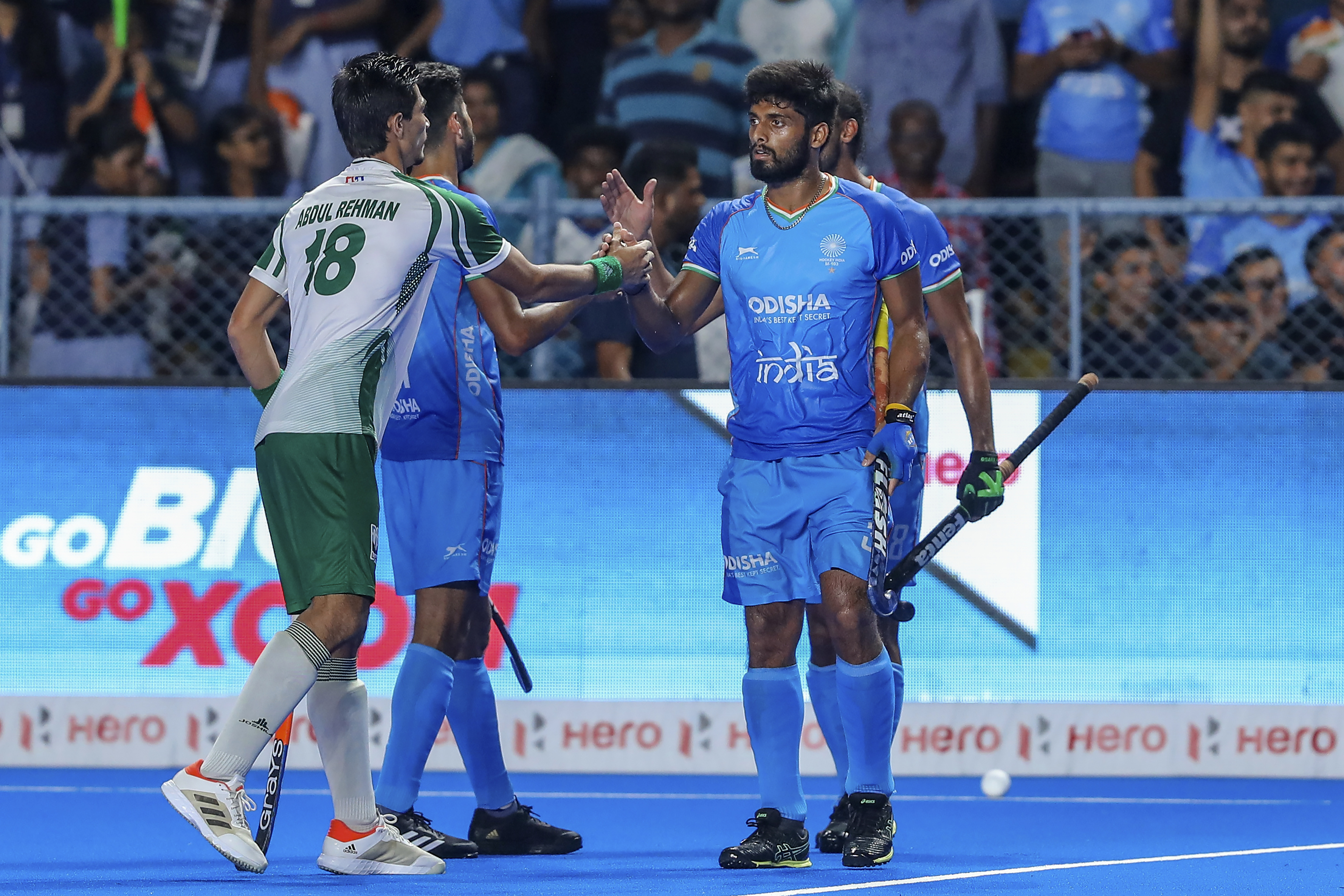 Pakistan's Abdul Rehman, left, greets Indian players after India won the men's Asian Champions Trophy hockey match against Pakistan in Chennai, India, Wednesday, Aug. 9, 2023. (AP Photo/R. Parthibhan)