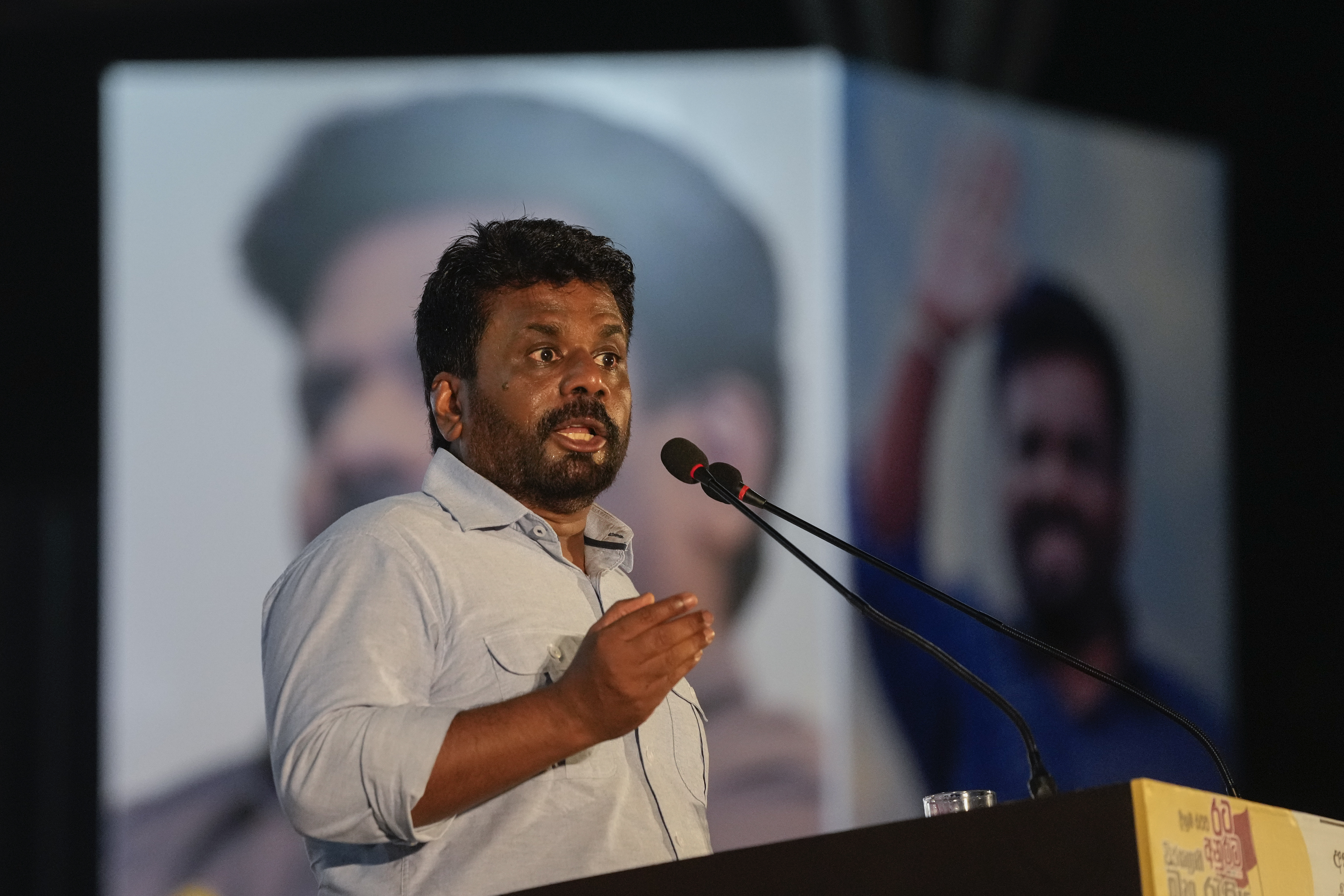 Leader and the presidential candidate of National People's Power Anura Kumara Dissanayake speaks to supporters during the final public rally ahead of the election in Colombo, Sri Lanka, Wednesday, Sept. 18, 2024. 