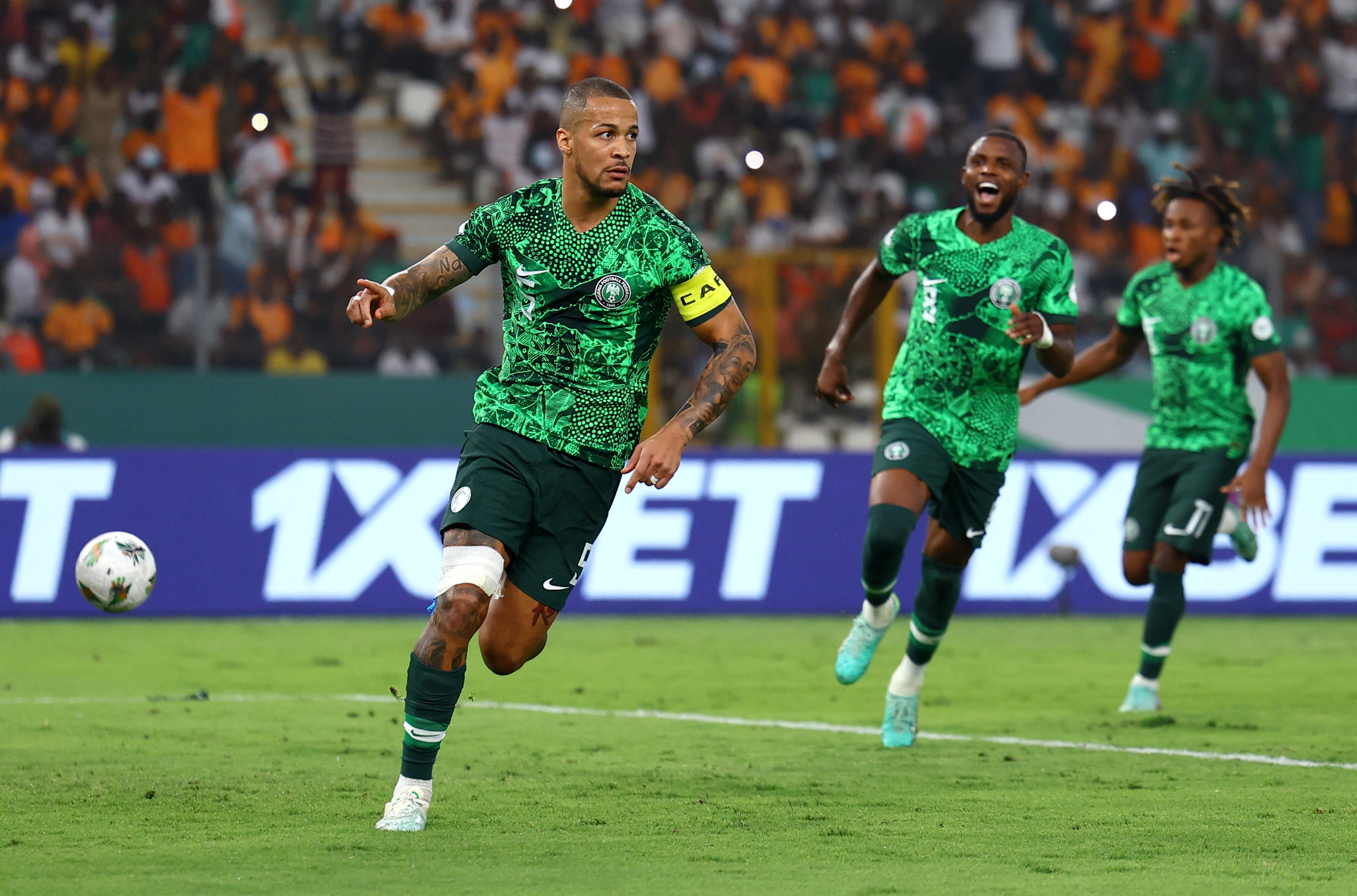 Soccer Football - Africa Cup of Nations - Semi Final - Nigeria v South Africa - Stade de la Paix, Bouake, Ivory Coast - February 7, 2024 Nigeria's William Troost-Ekong celebrates scoring their first goal REUTERS/Siphiwe Sibeko