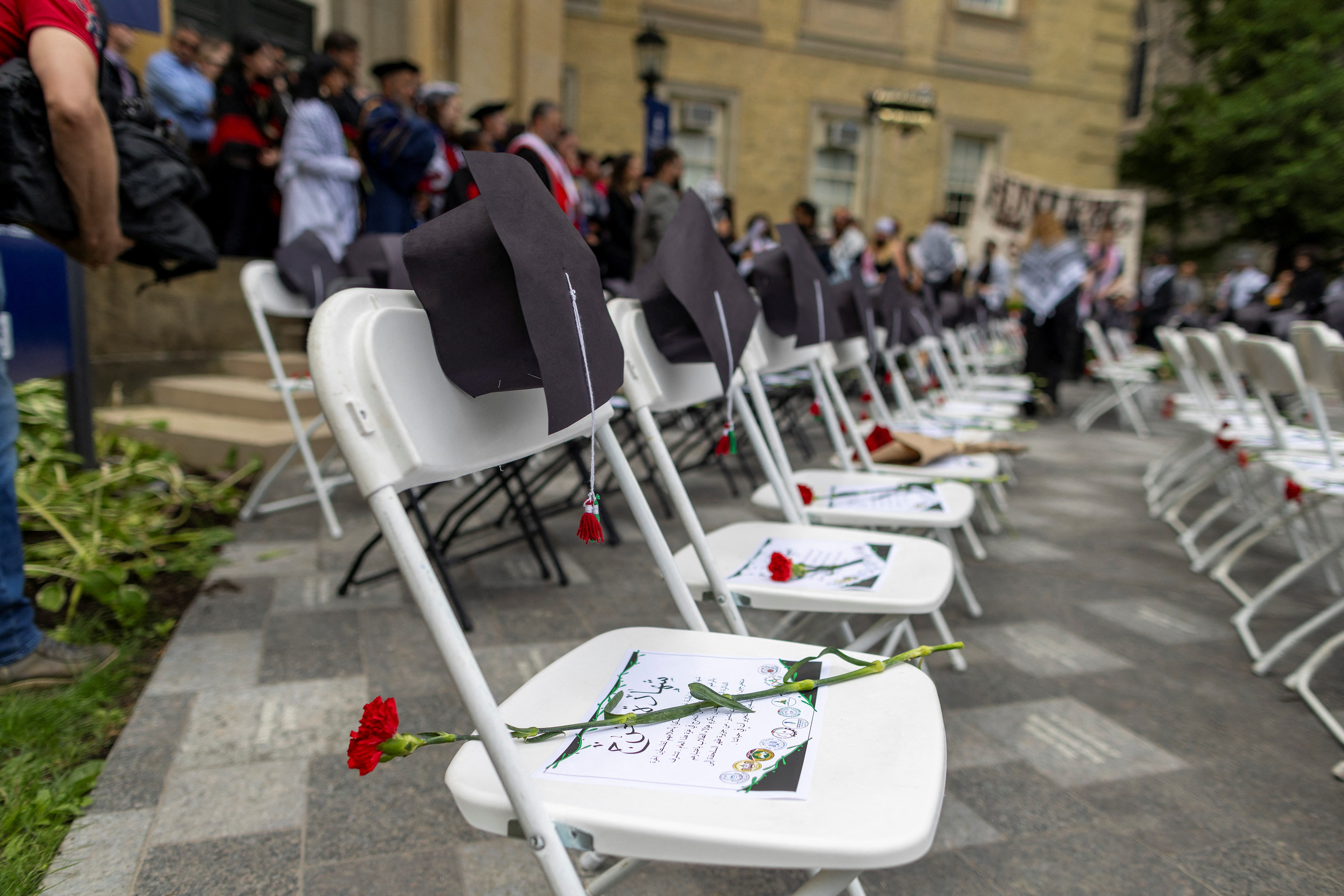 View of empty chairs during a pro-Palestinian protest in Toronto, Canada