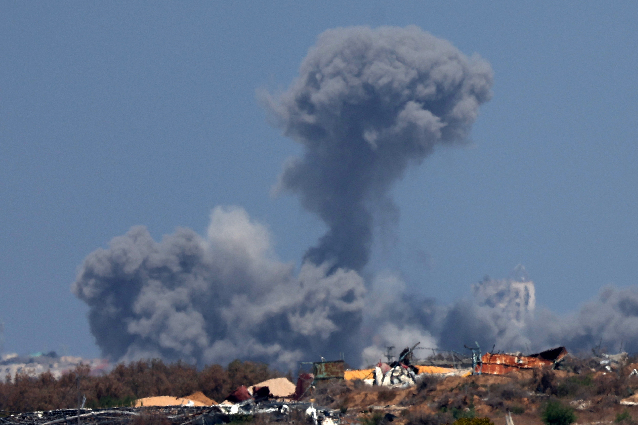 Smoke rises from an explosion in Gaza near the Israel-Gaza fence