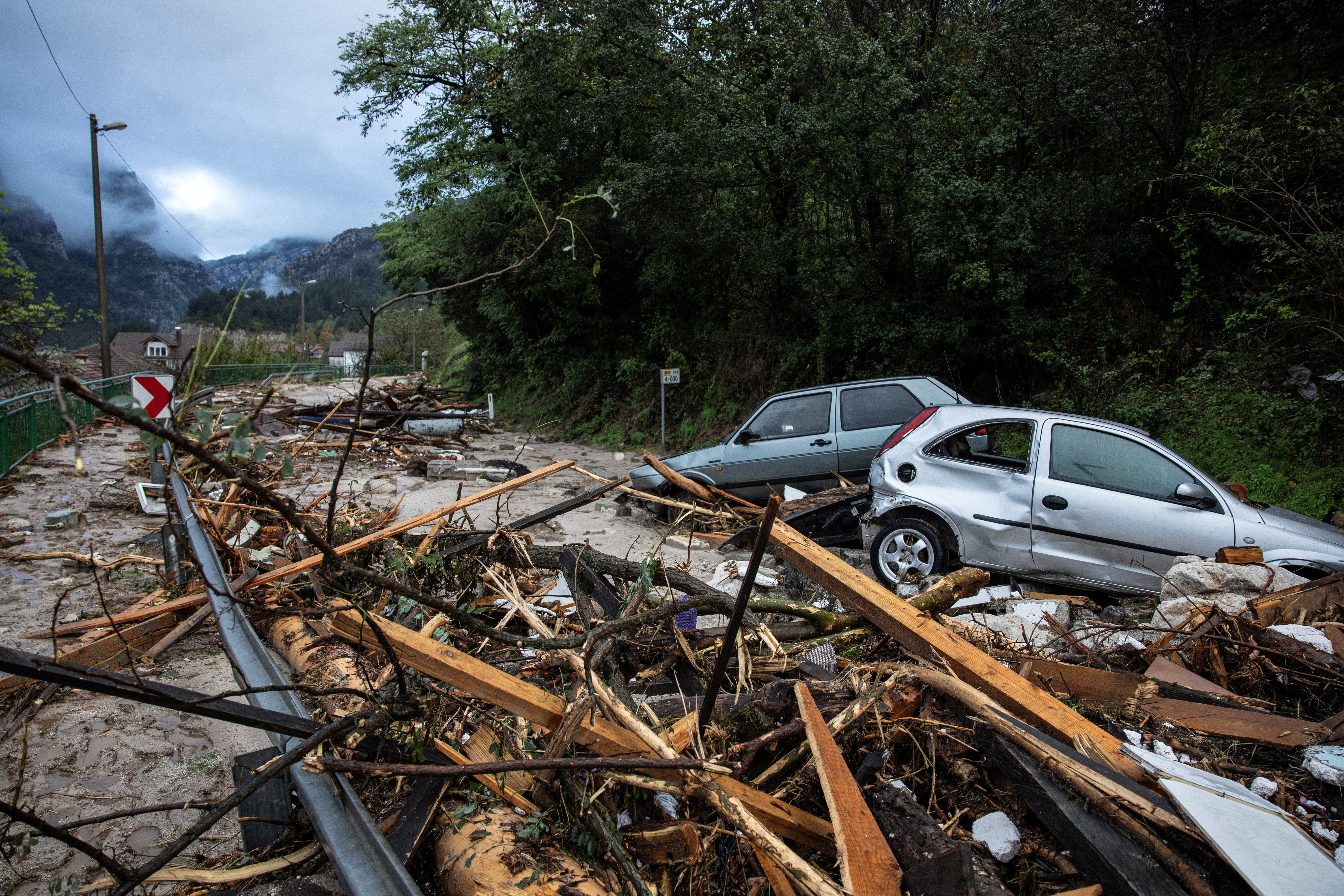 A view of damaged vehicles at a flooded residential area in Donja Jablanica, Bosnia and Herzegovina, October 5,