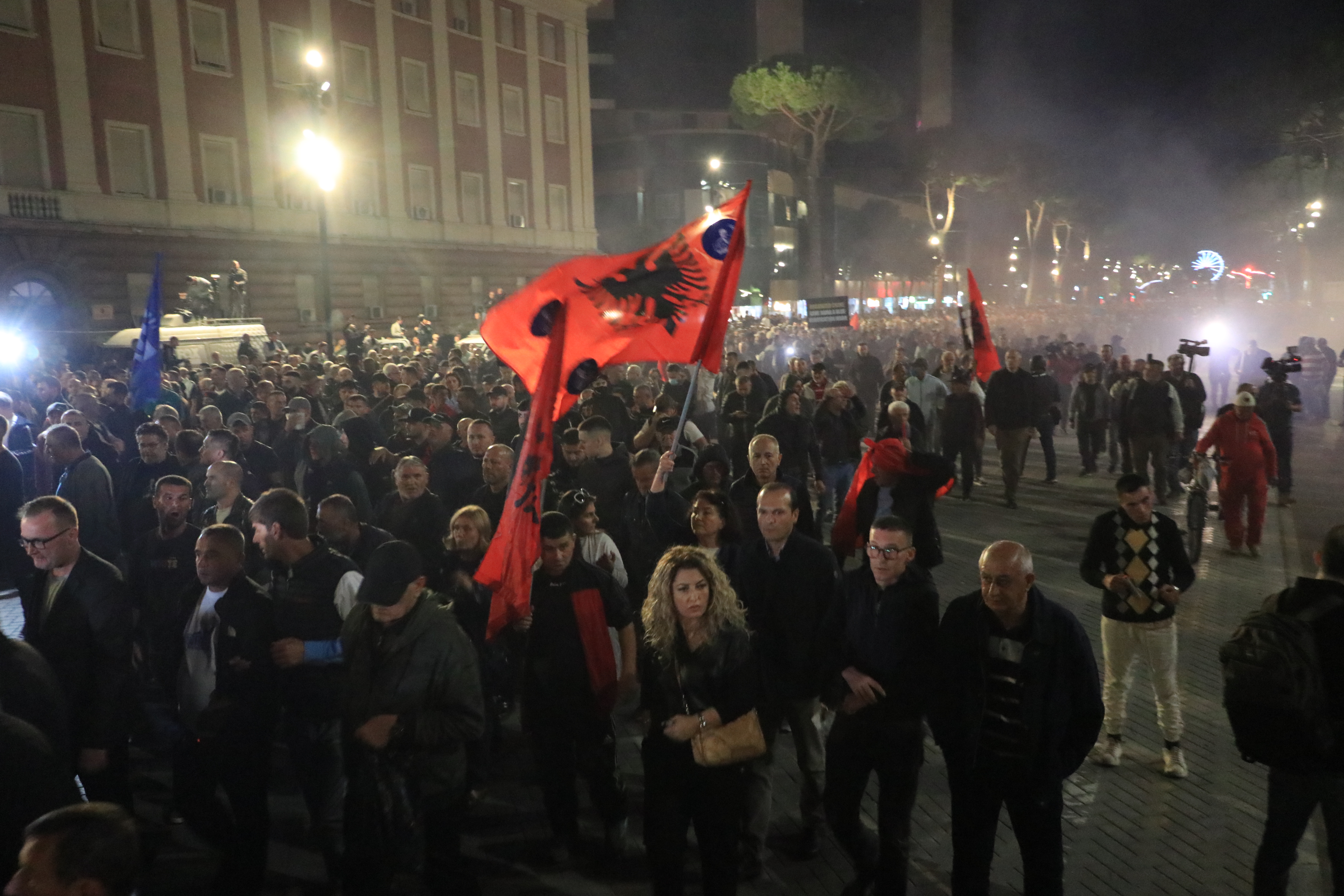 Police take secuirty measures as people gathered in front of the Prime Ministry building for the anti-government protest, organized with the call of the main opposition Democratic Party (PD) in capital Tirana, Albania on October 7