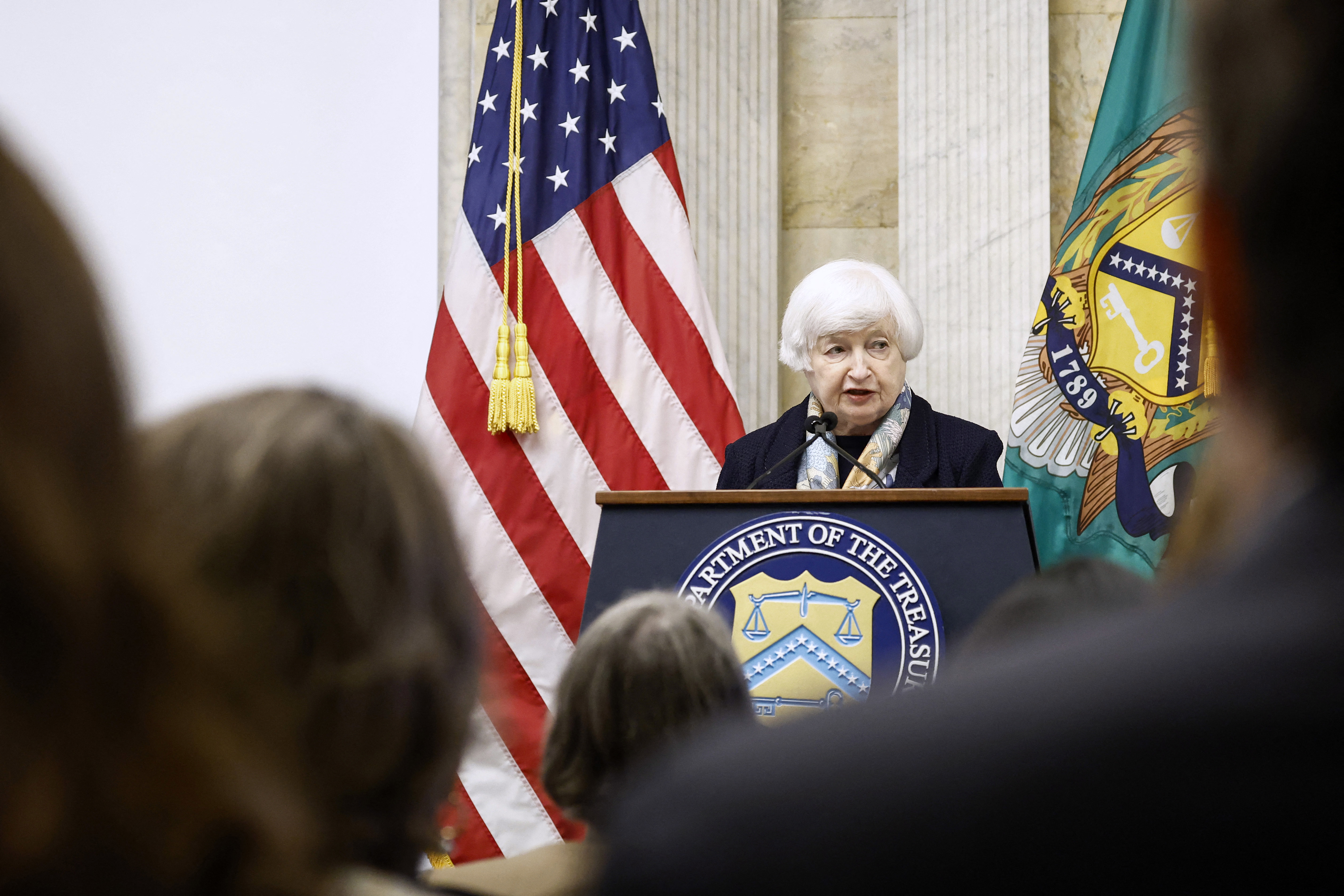 WASHINGTON, DC - JUNE 06: U.S. Secretary of the Treasury Janet Yellen speaks during the Financial Stability Oversight Council Conference on Artificial Intelligence & Financial Stability at the U.S. Treasury Department on June 06, 2024 in Washington, DC. During her remarks Yellen spoke on the future impact of artificial intelligence on the economy. Anna Moneymaker/Getty Images/AFP (Photo by Anna Moneymaker / GETTY IMAGES NORTH AMERICA / Getty Images via AFP)
