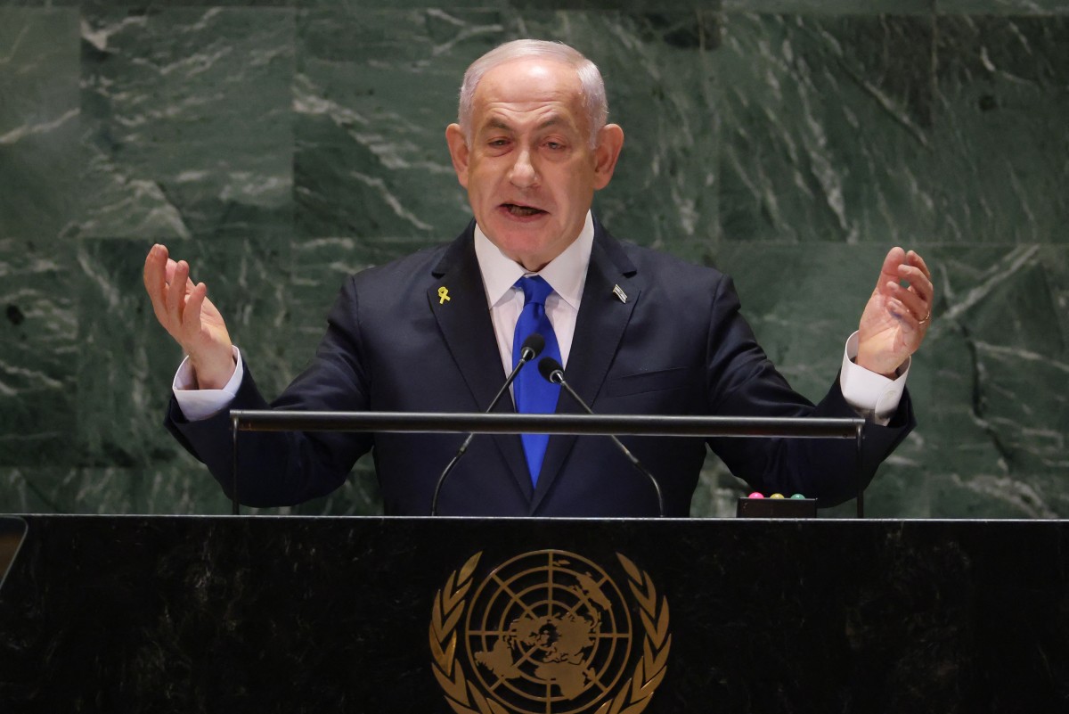 Israeli Prime Minister Benjamin Netanyahu speaks.