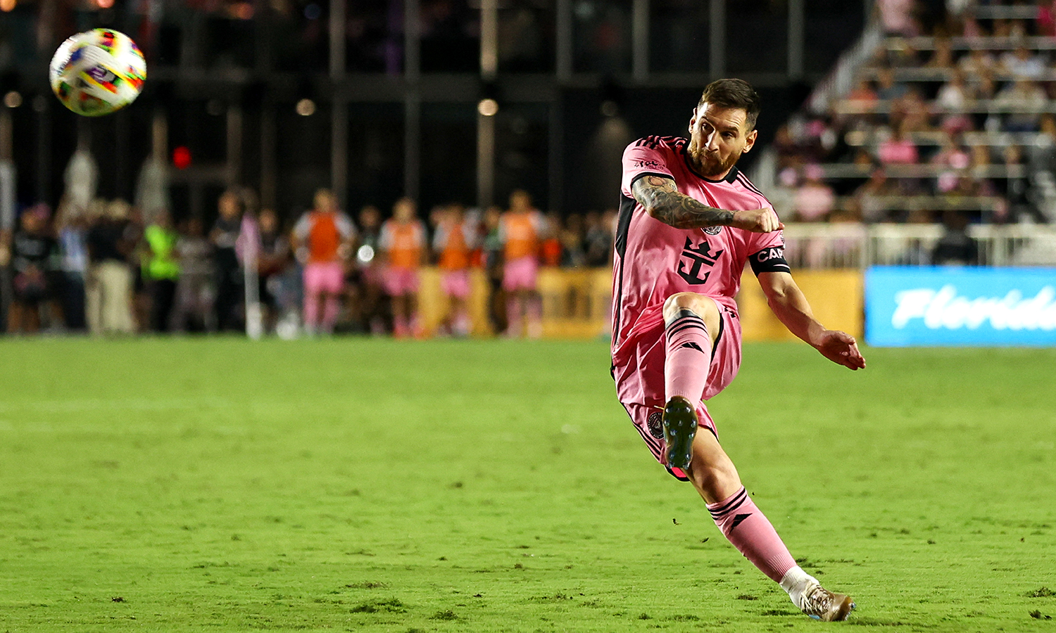Inter Miami's Argentine forward #10 Lionel Messi kicks the ball during the Major League Soccer (MLS) football match between Inter Miami and New England Revolution at Chase Stadium in Fort Lauderdale, Florida, October 19, 2024. (Photo by Chris Arjoon / AFP)
