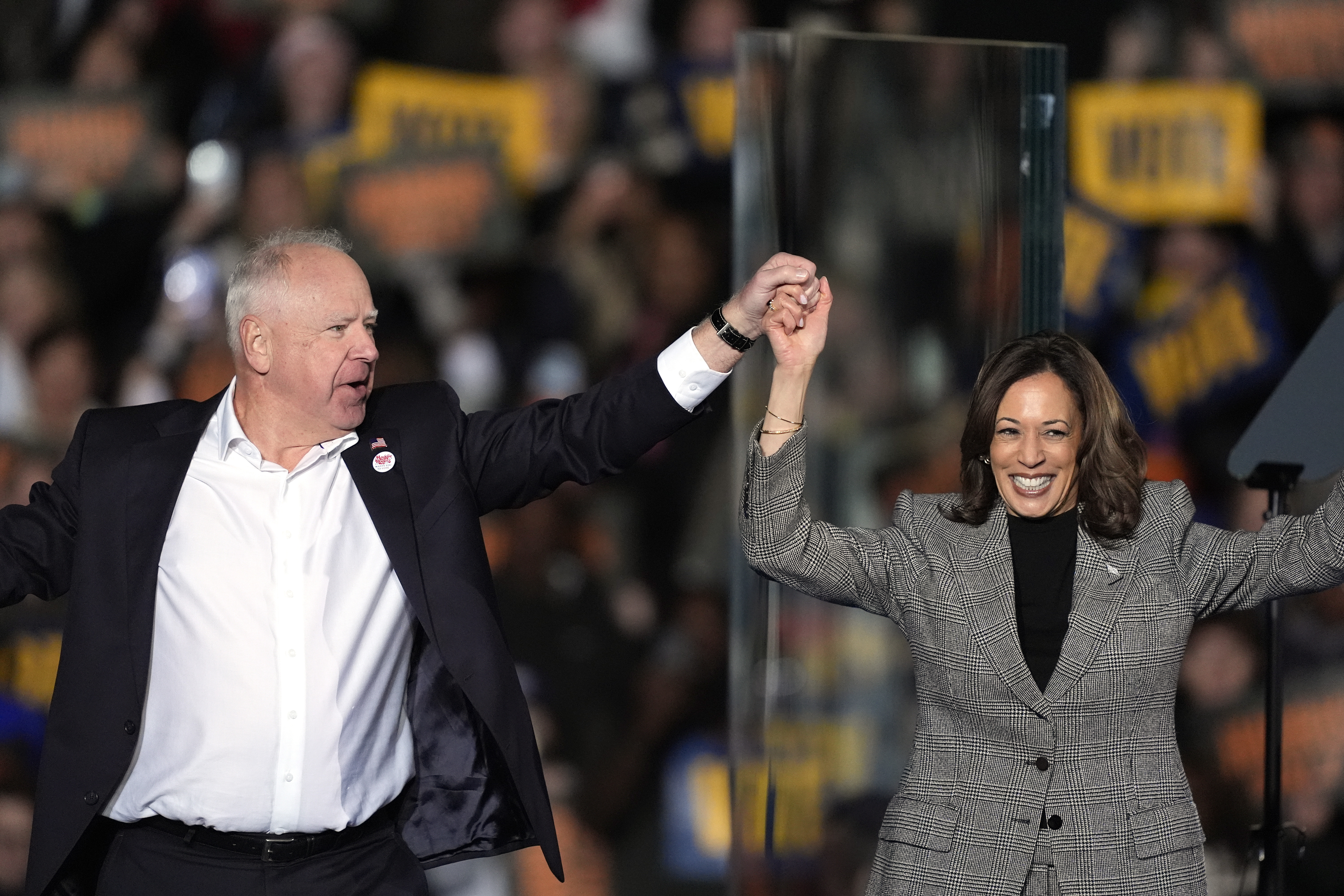 Kamala Harris and Tim Walz on stage together in Michigan