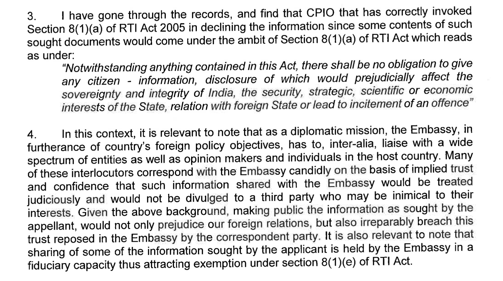 An excerpt from a Right to Information response from the Indian Embassy dated 15 March, 2023