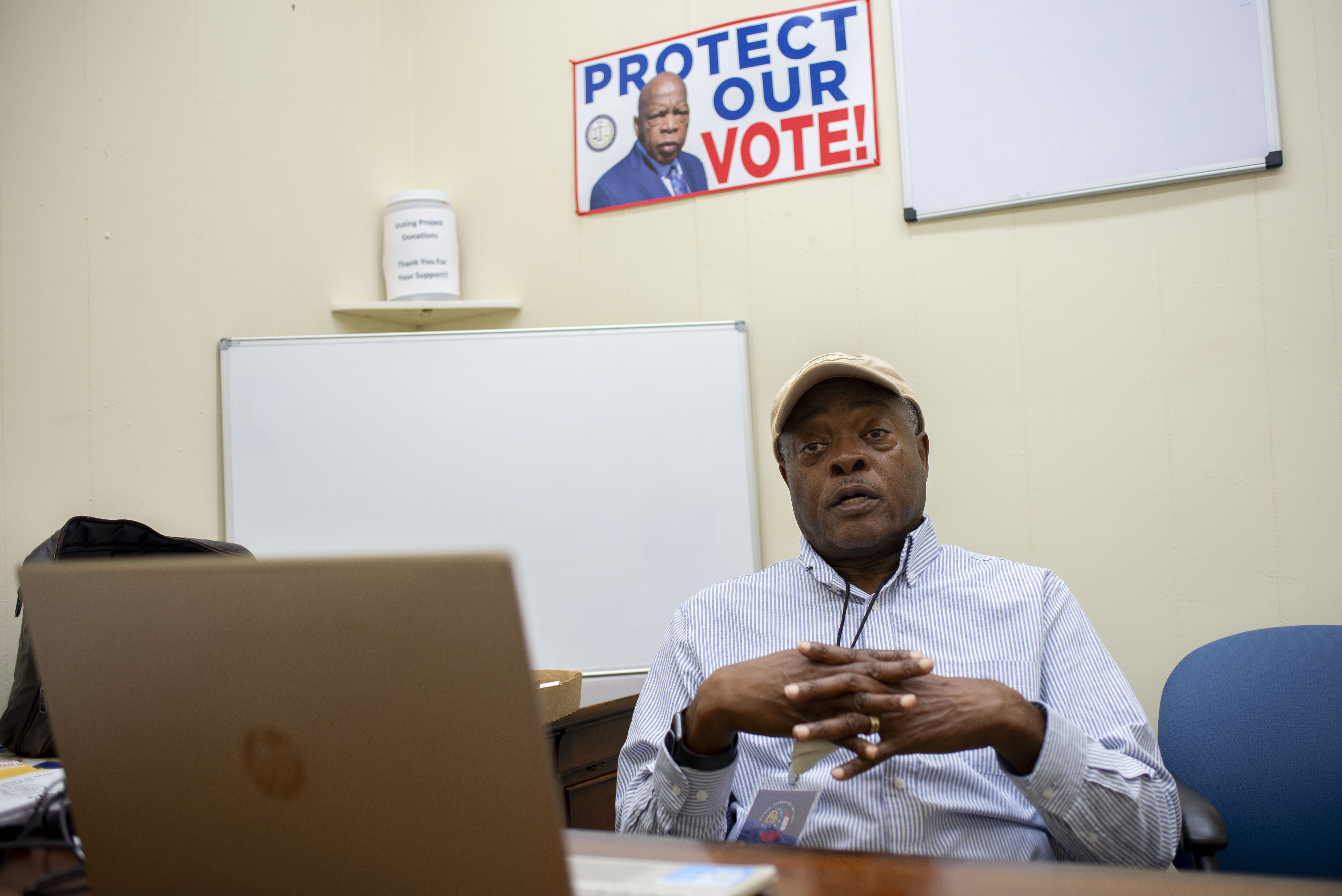 Spalding County Democratic Committee vice chair Elbert Solomon speaks from his office Griffin, Georgia [Joseph Stepansky/Al Jazeera]