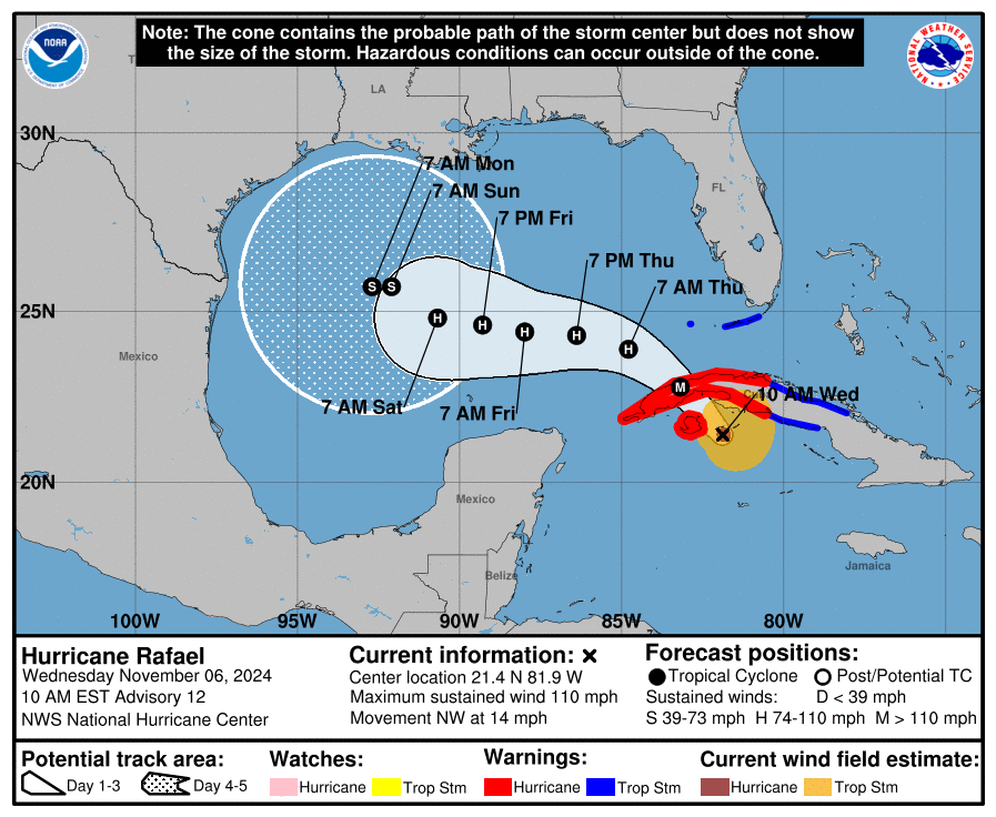 Hurricane Rafael approaching Cuba on November 5, 2024