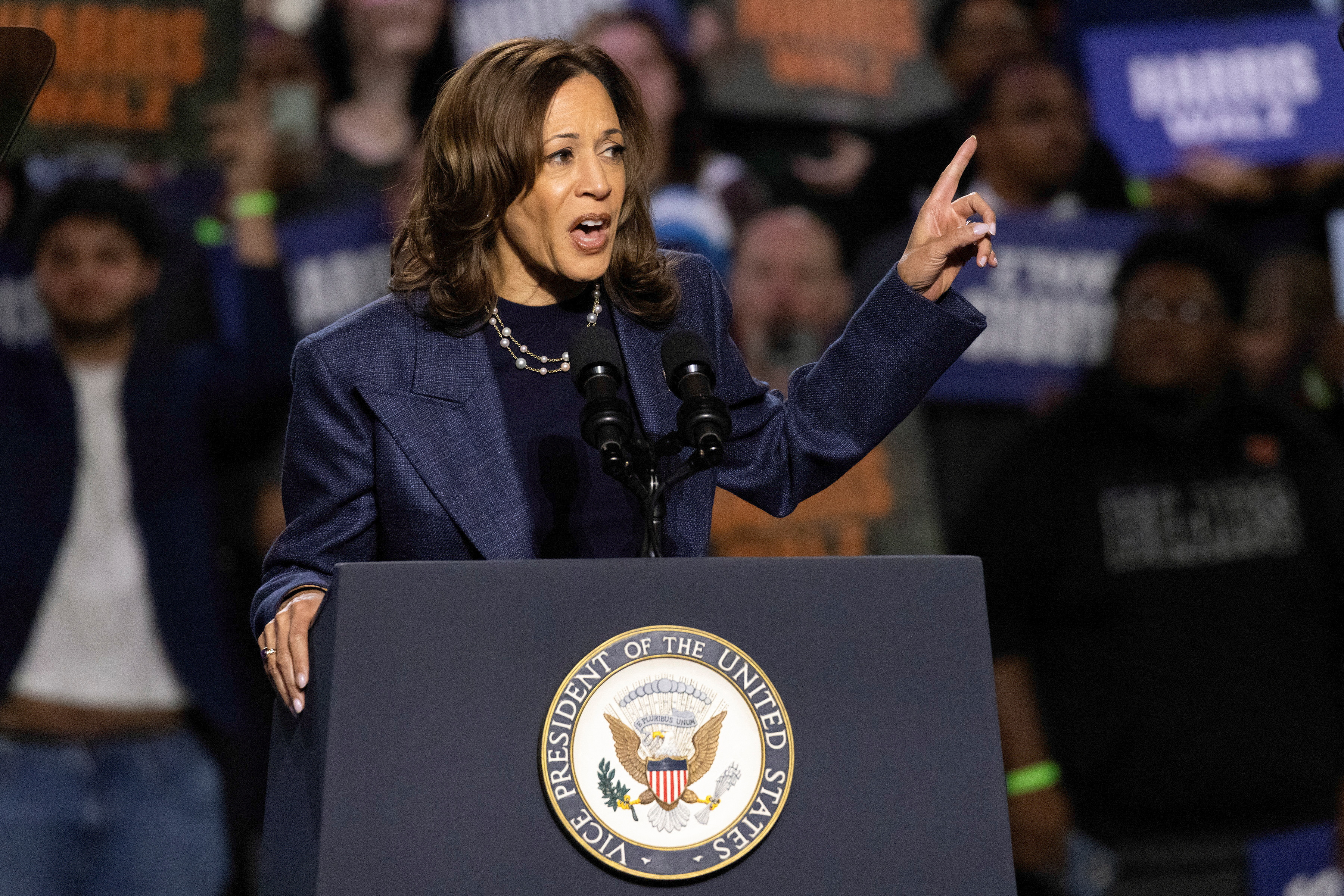 Democratic presidential nominee U.S. Vice President Kamala Harris speaks during a campaign rally at Michigan State University in East Lansing, Michigan