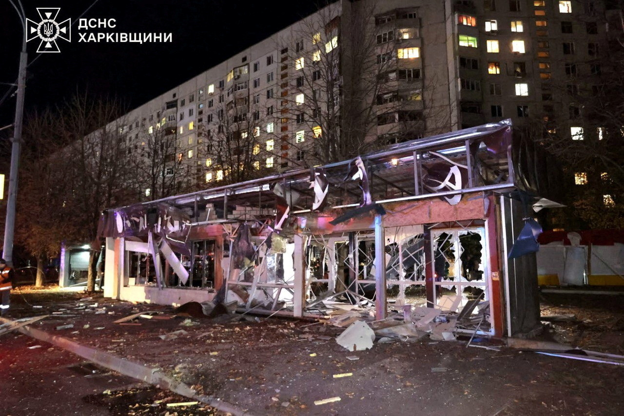 View of the damage after a Russian guided bomb hit a supermarket in Kharkiv's Shevchenkivskyi district near the city center