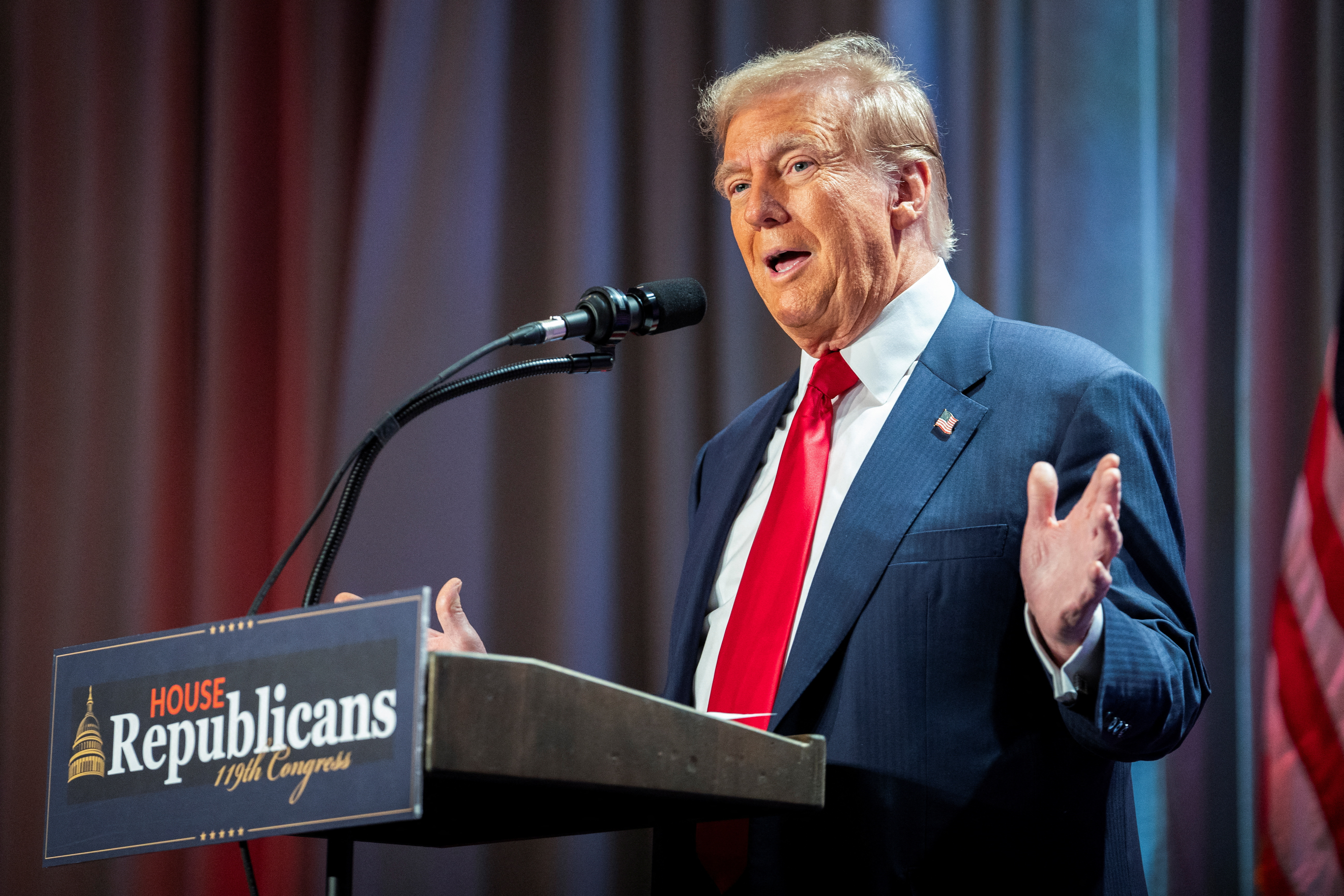 US President-elect Donald Trump speaks during a meeting with House Republicans at the Hyatt Regency hotel in Washington, DC, on November 13, 2024. [Allison Robbert/Reuters]