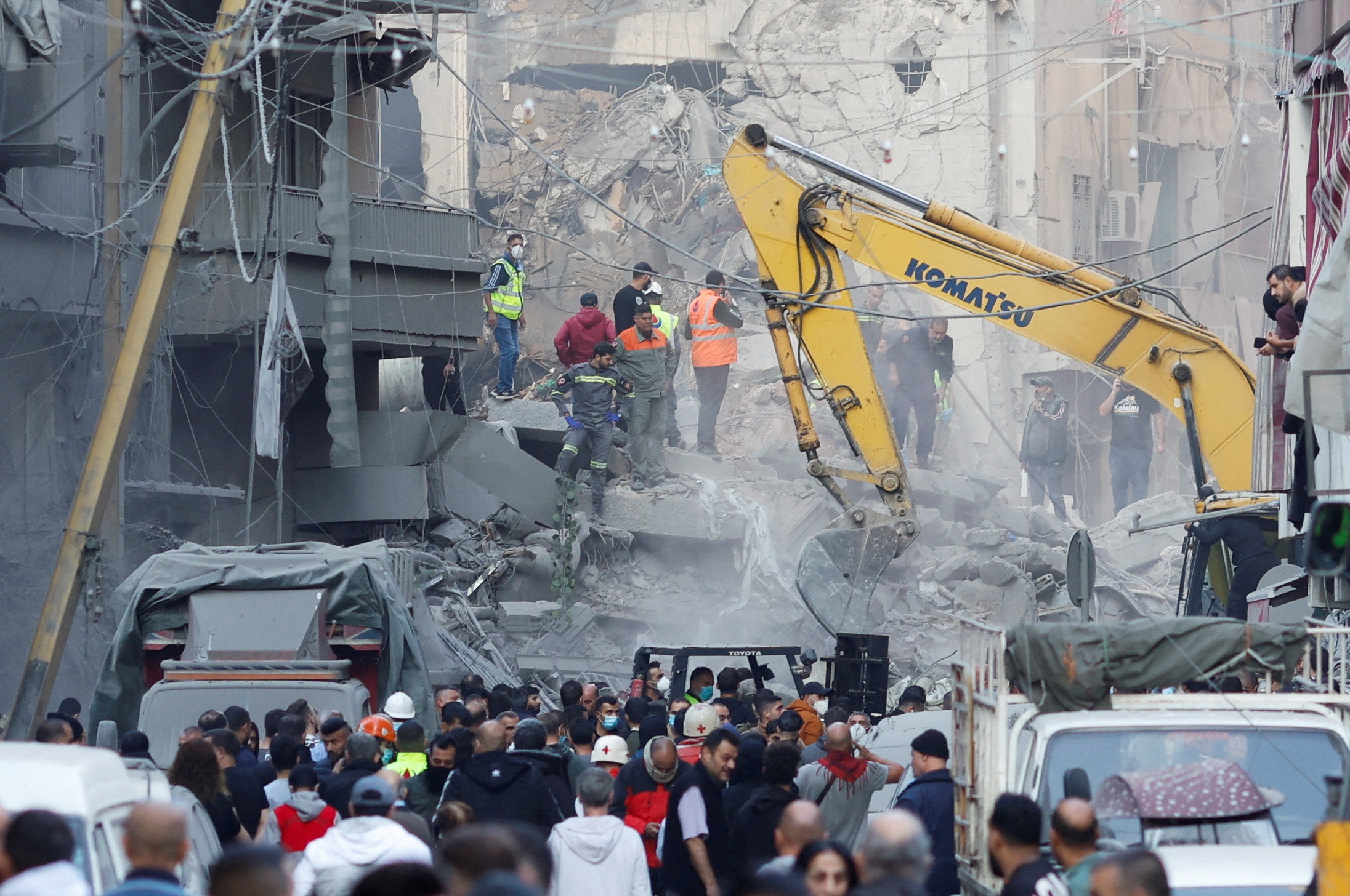 Rescuers work the site of an Israeli strike in Beirut's Basta neighbourhood
