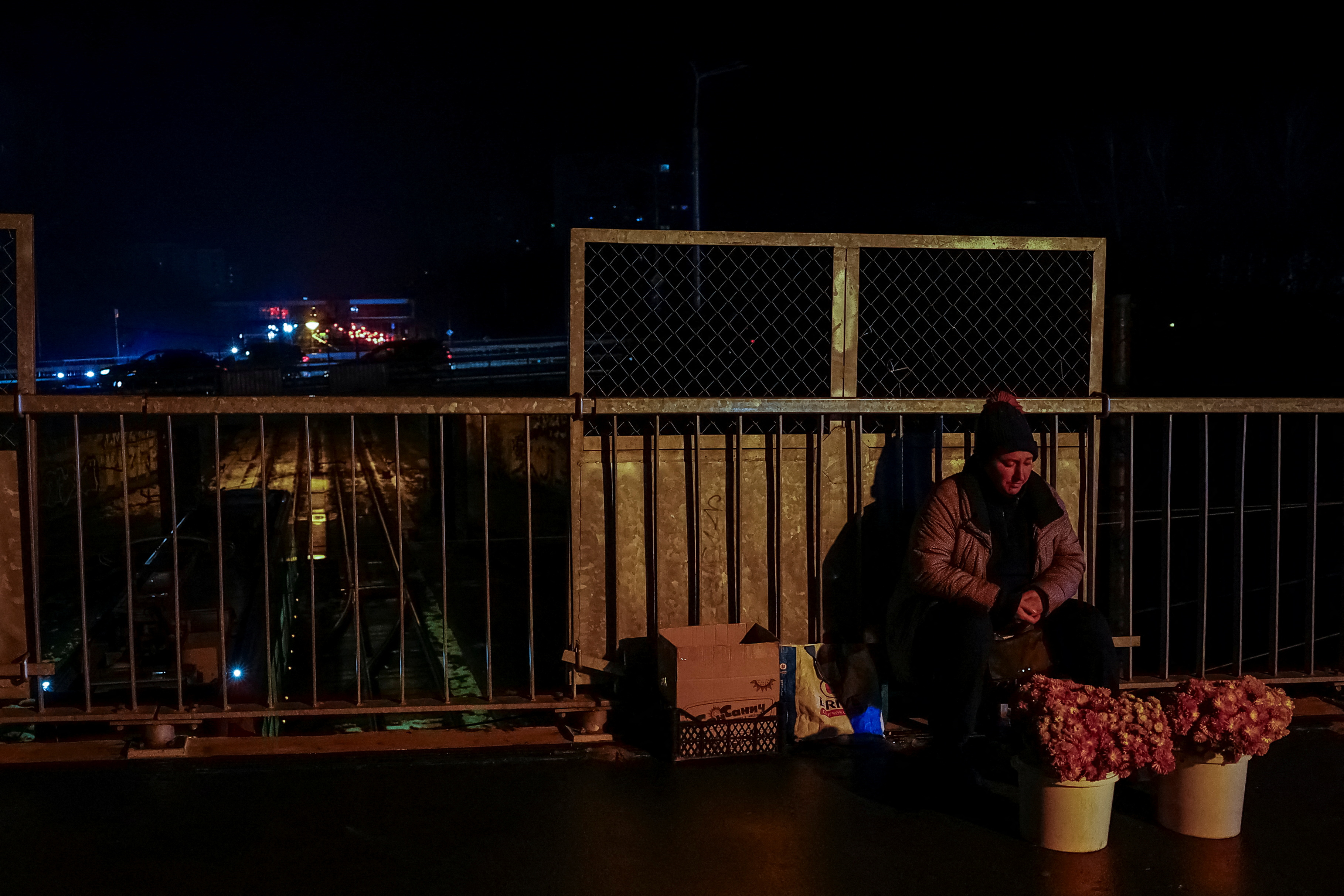 A woman sells flowers on the side of a local market during partial power-cuts, amid Russia's attack on Ukraine, in Kyiv, Ukraine, November 28, 2024. REUTERS/Alina Smutko