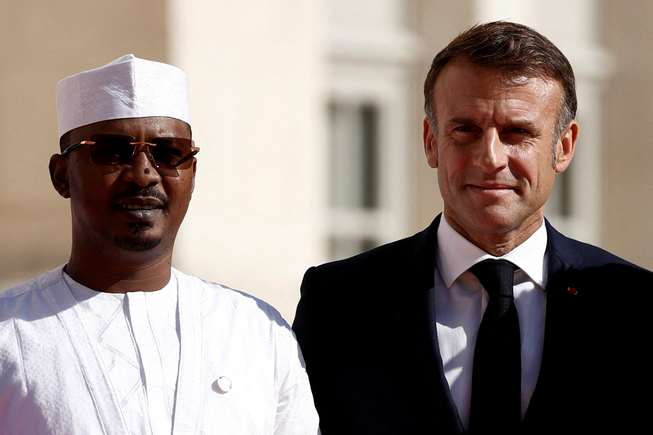 French President Emmanuel Macron poses with Chad's President General Mahamat Idriss Deby Itno at the 19th Francophonie Summit of French-speaking nations in the castle of Villers-Cotterets, France, October 4, 2024.