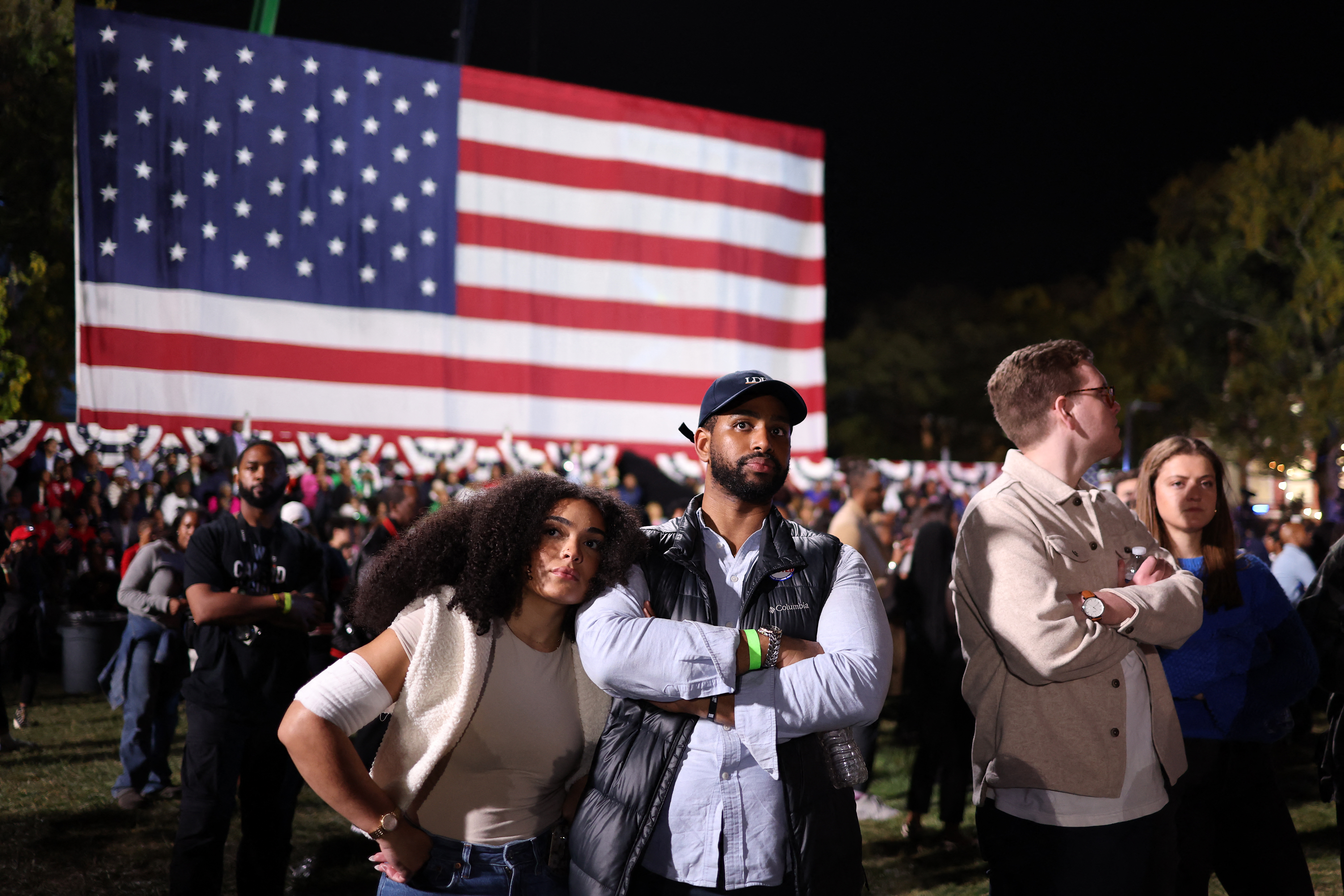 Supporters react to election results as they attend an election night event for US Vice President and Democratic presidential candidate Kamala Harris at Howard University in Washington, DC, on November 5