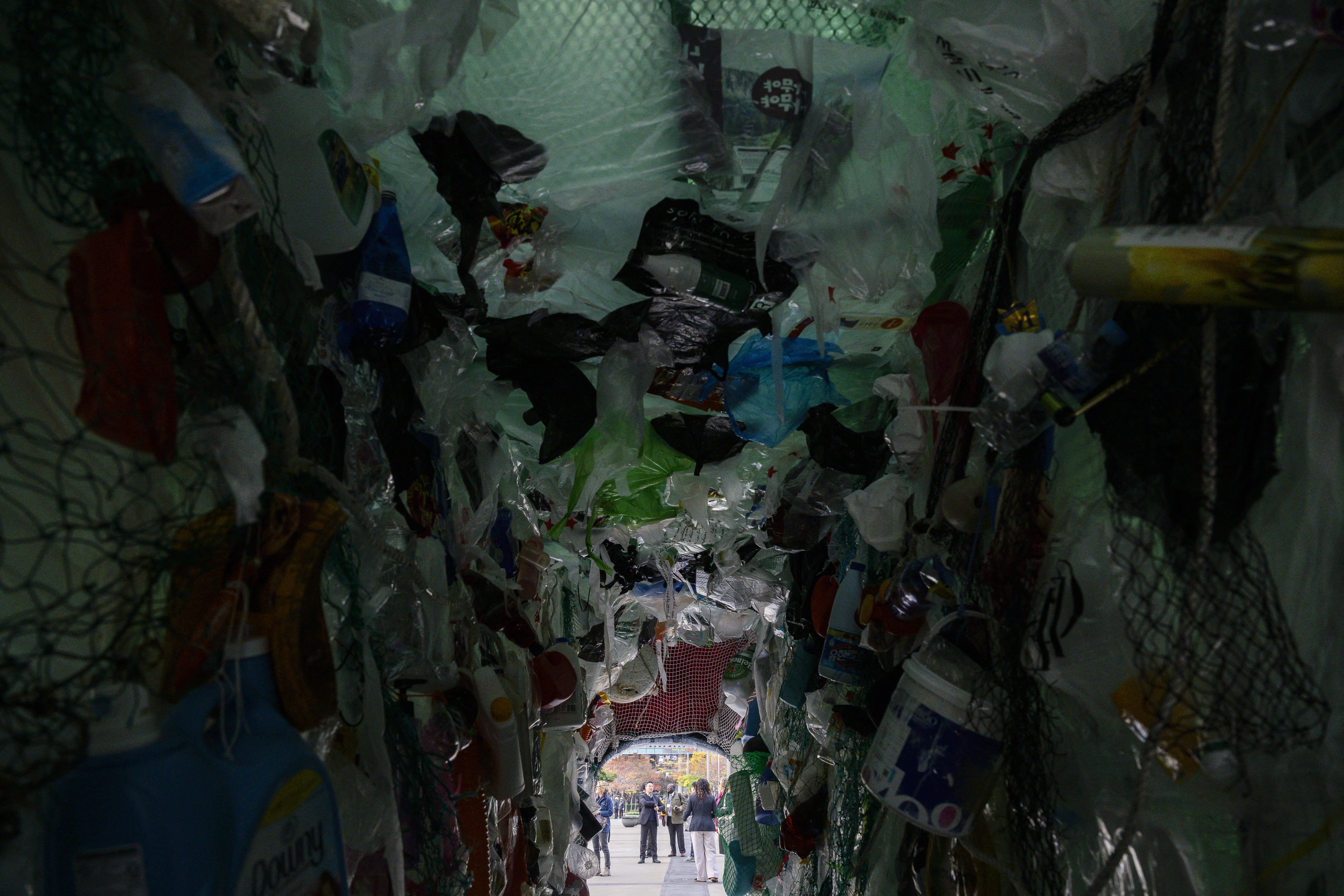 plastic bags are arranged in an artwork