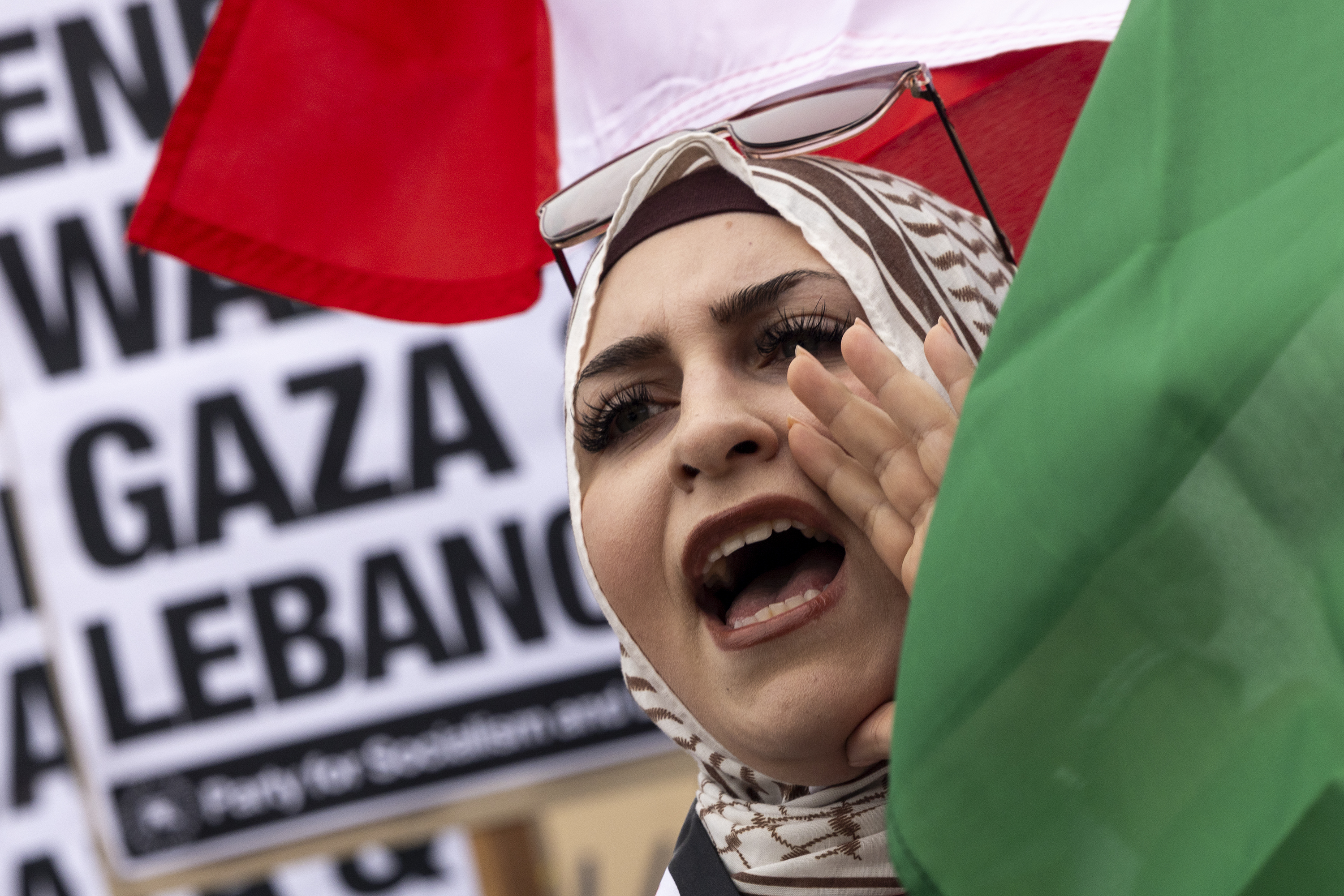 Protestors waves flags at Gaza-Lebanon protest